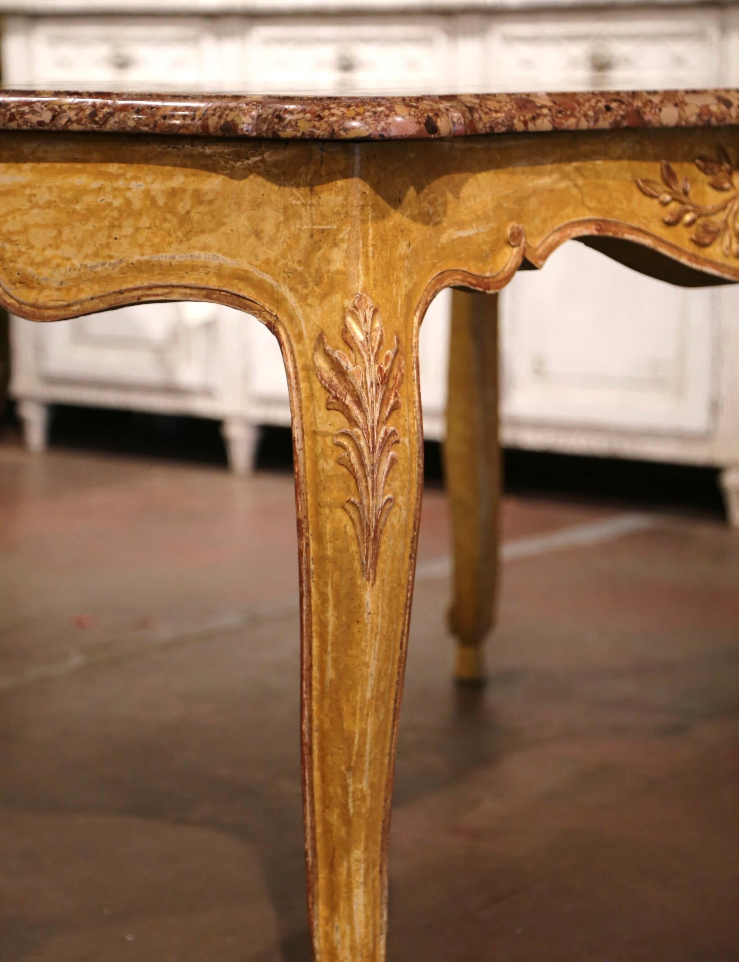 19th Century French Louis XV Provencal Marble Top Carved Painted Console Table  For Sale 5