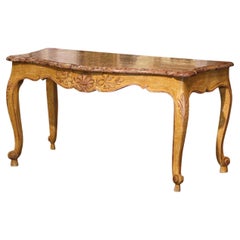 19th Century French Louis XV Provencal Marble Top Carved Painted Console Table 