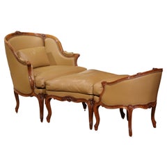 19th Century French Louis XV Provencal Walnut and Leather Three-Piece "Duchess"
