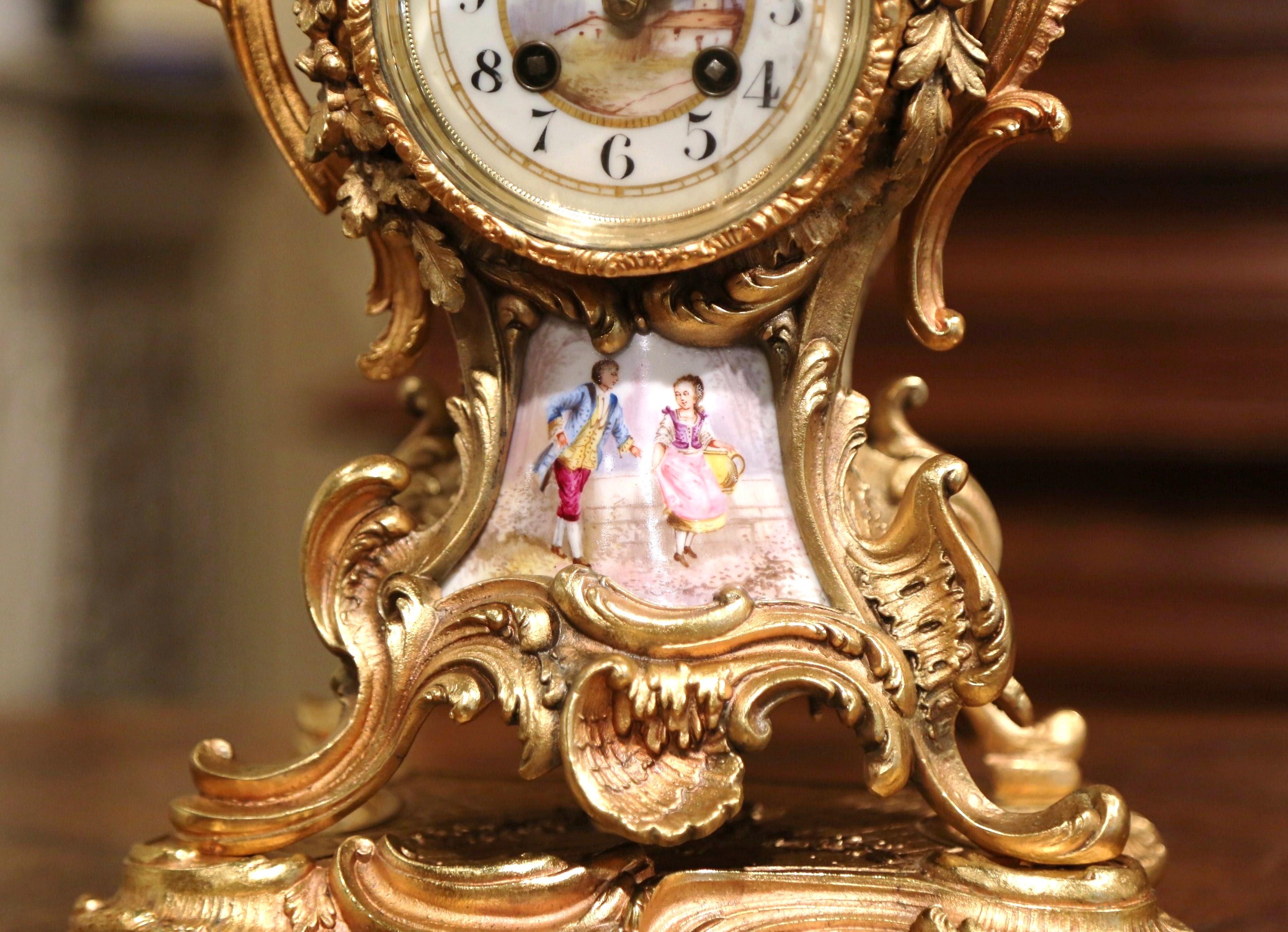 Hand-Carved 19th Century French Louis XV Rococo Bronze Dore and Porcelain Mantel Clock