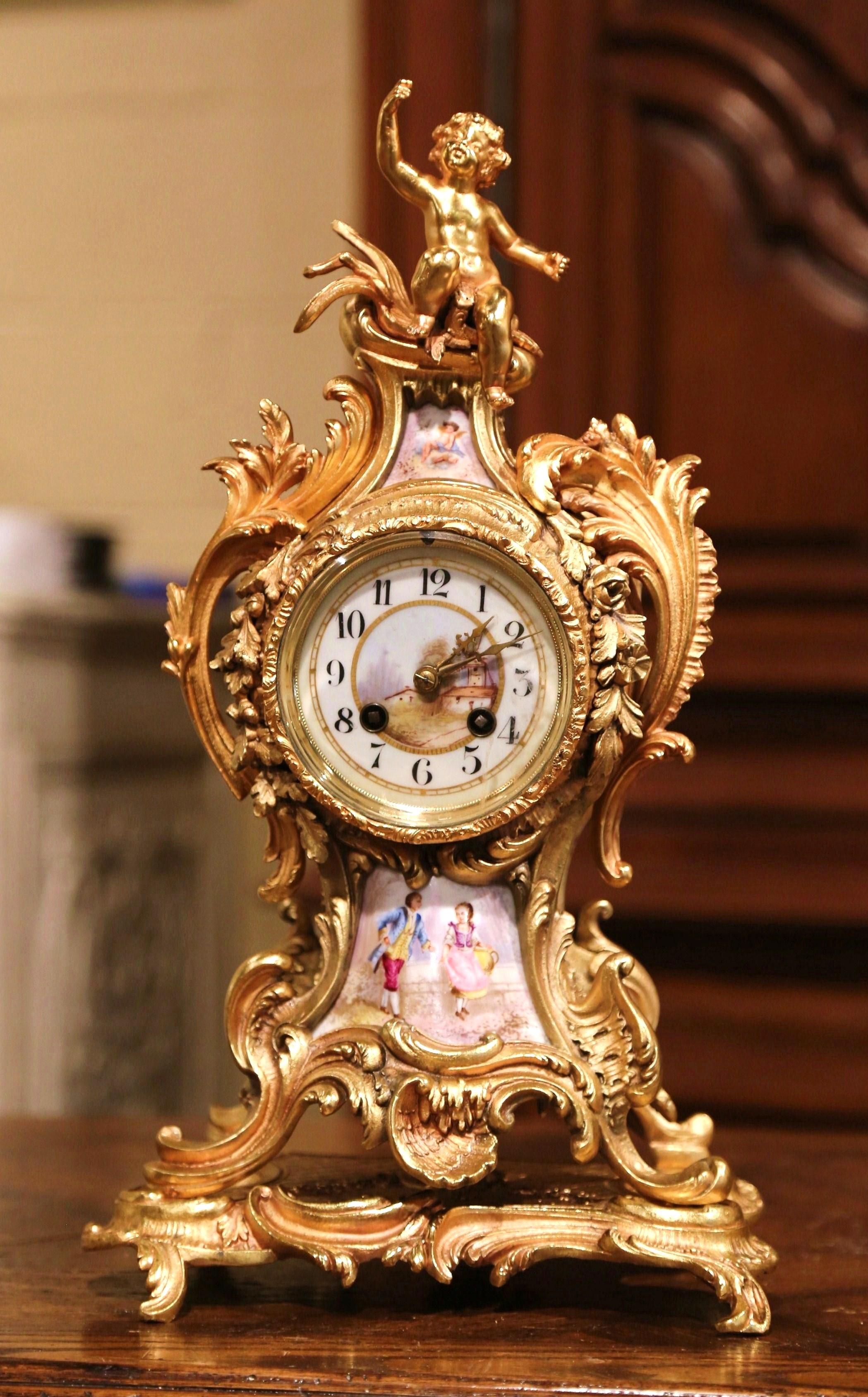 Gilt 19th Century French Louis XV Rococo Bronze Dore and Porcelain Mantel Clock