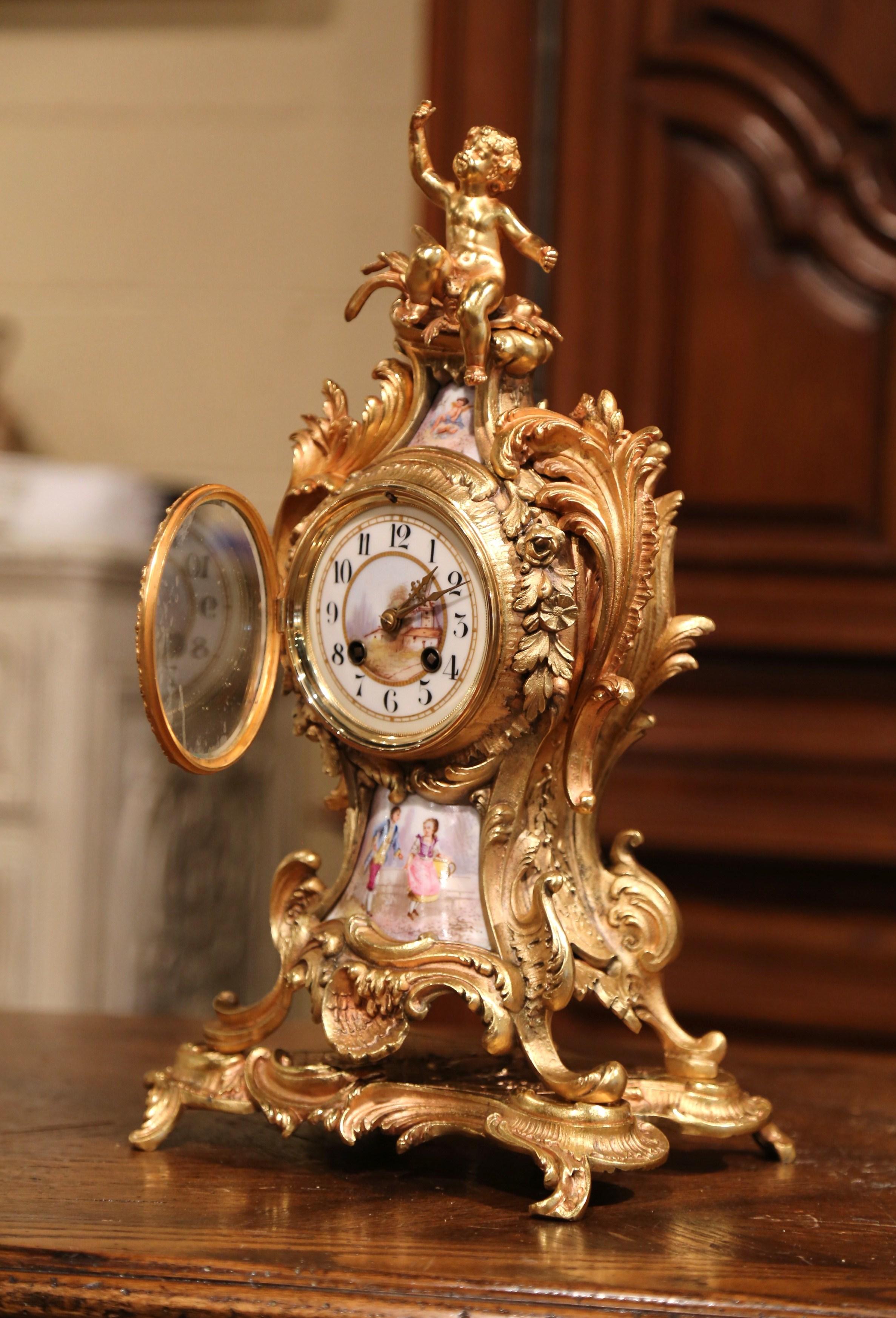 19th Century French Louis XV Rococo Bronze Dore and Porcelain Mantel Clock In Excellent Condition In Dallas, TX