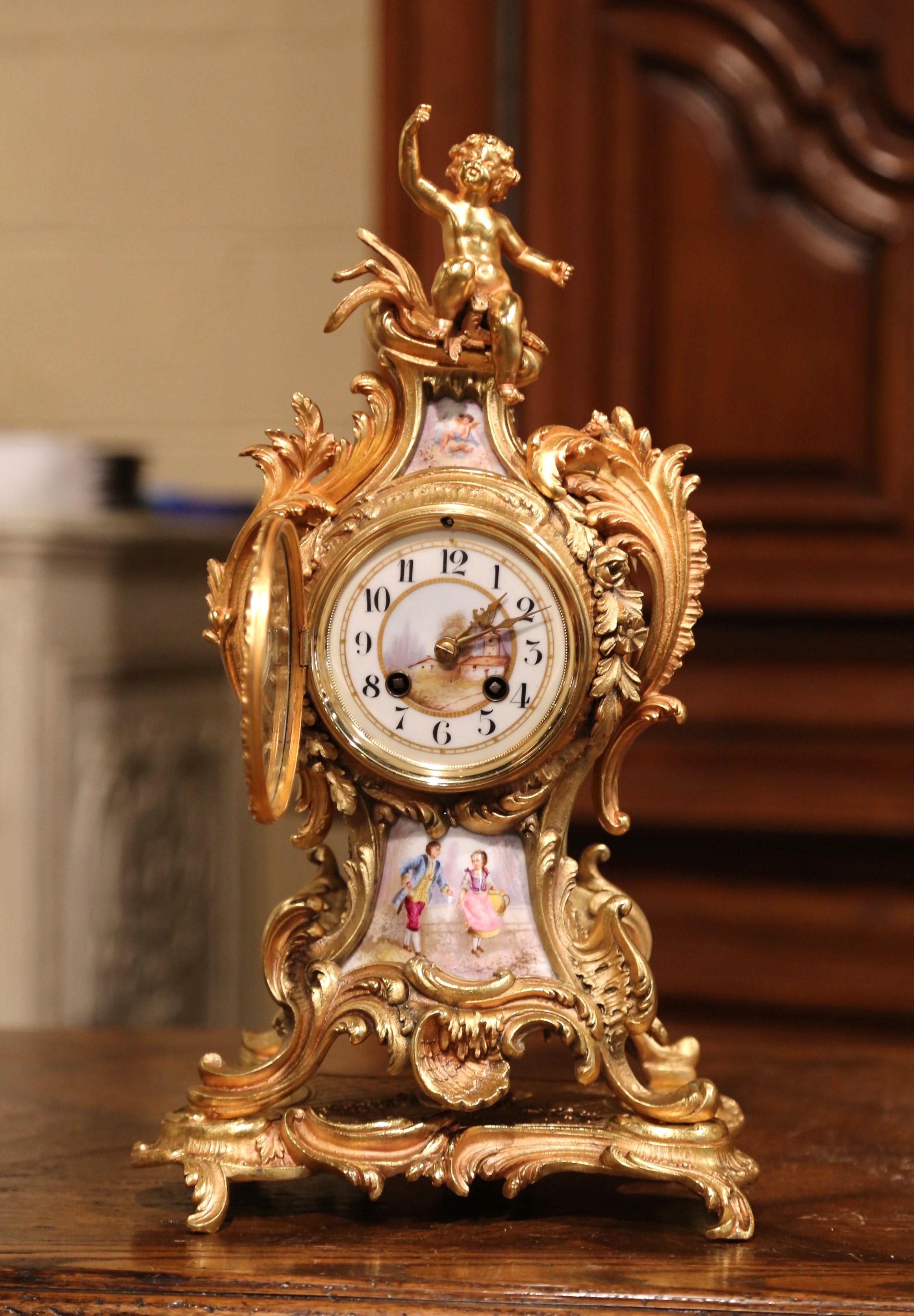 19th Century French Louis XV Rococo Bronze Dore and Porcelain Mantel Clock 2