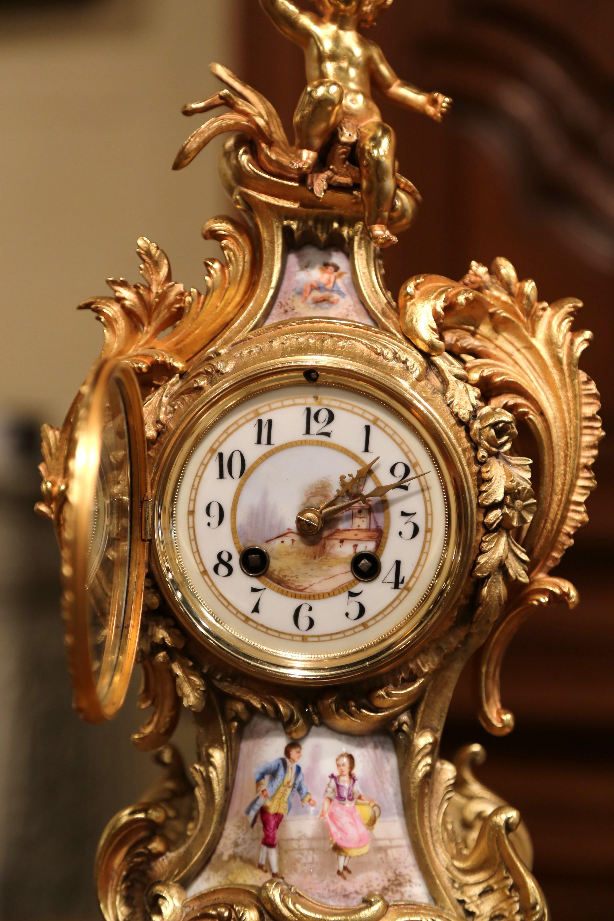 19th Century French Louis XV Rococo Bronze Dore and Porcelain Mantel Clock 4