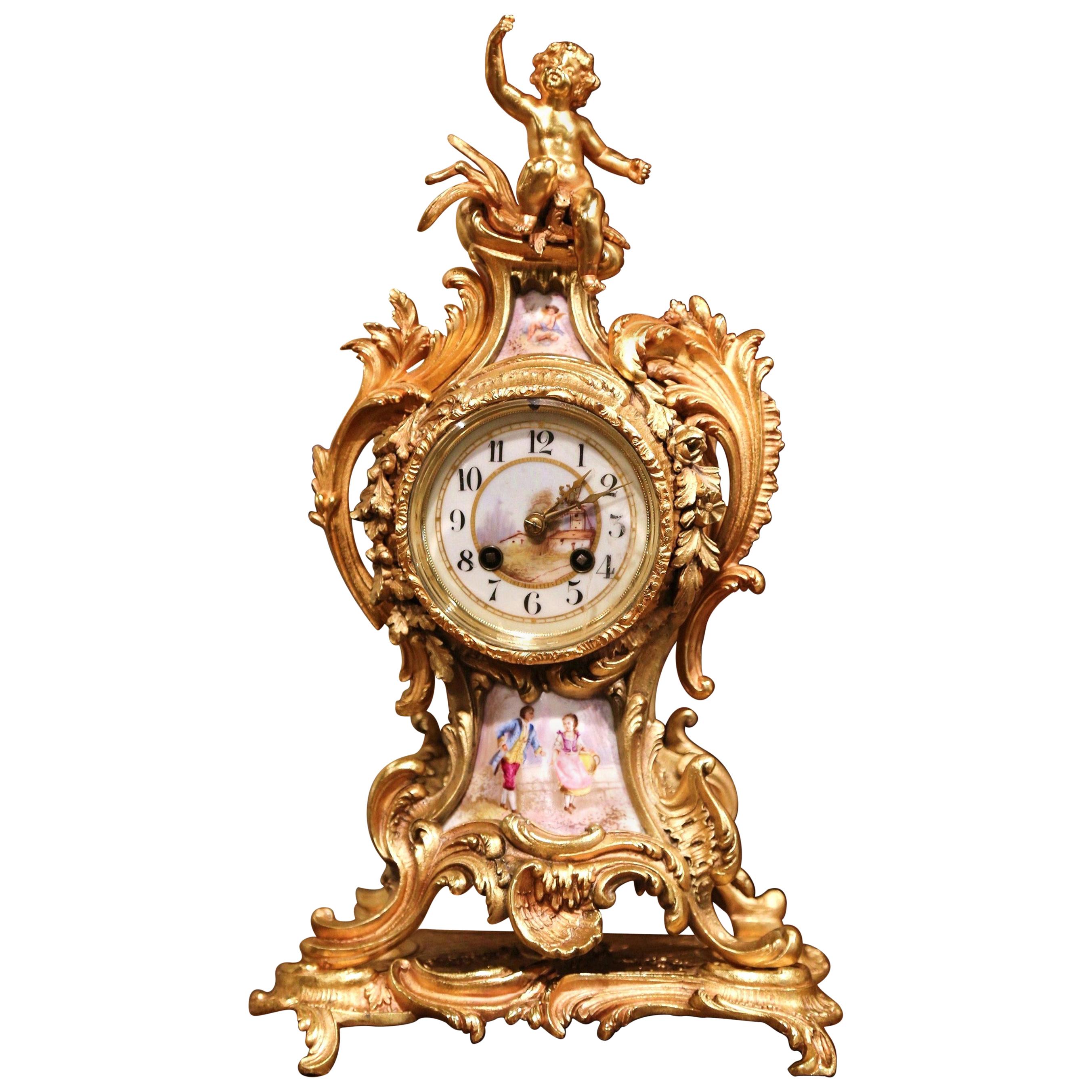 19th Century French Louis XV Rococo Bronze Dore and Porcelain Mantel Clock