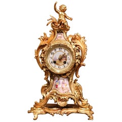 19th Century French Louis XV Rococo Bronze Dore and Porcelain Mantel Clock