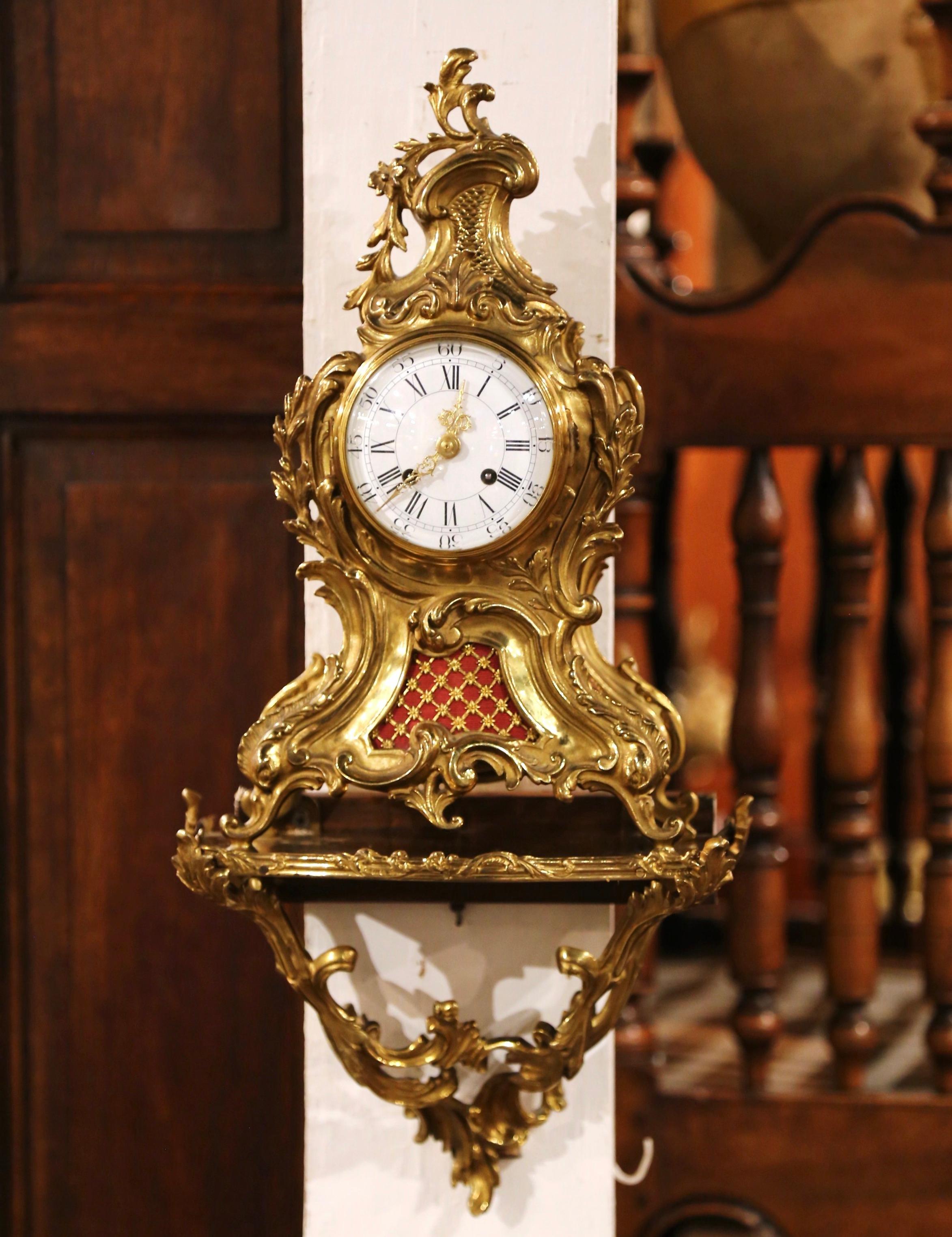 19th Century French Louis XV Rococo Bronze Dore Clock with Wall Support In Excellent Condition In Dallas, TX