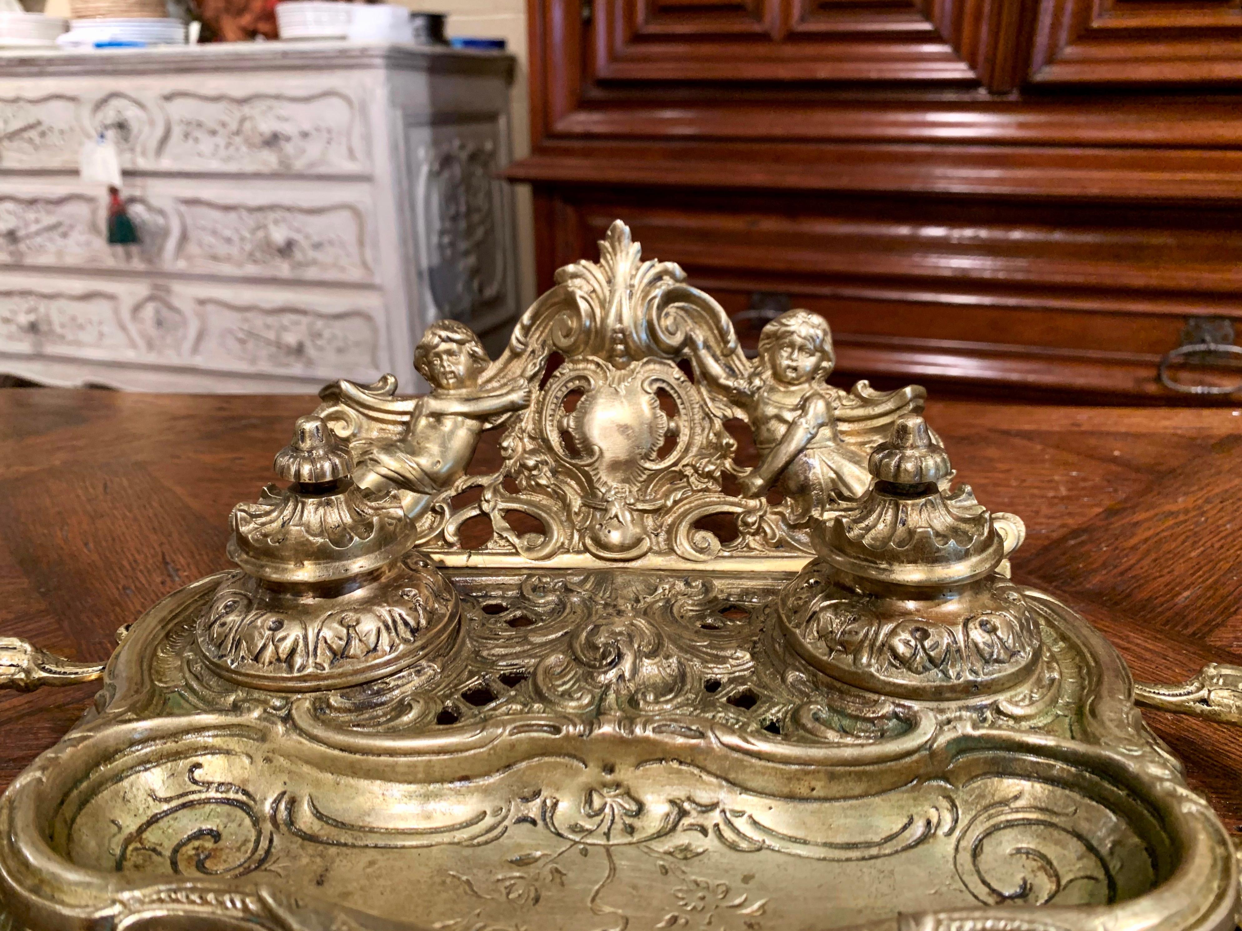 Gilt 19th Century French Louis XV Rococo Bronze Doré Inkwell with Cherub Decor