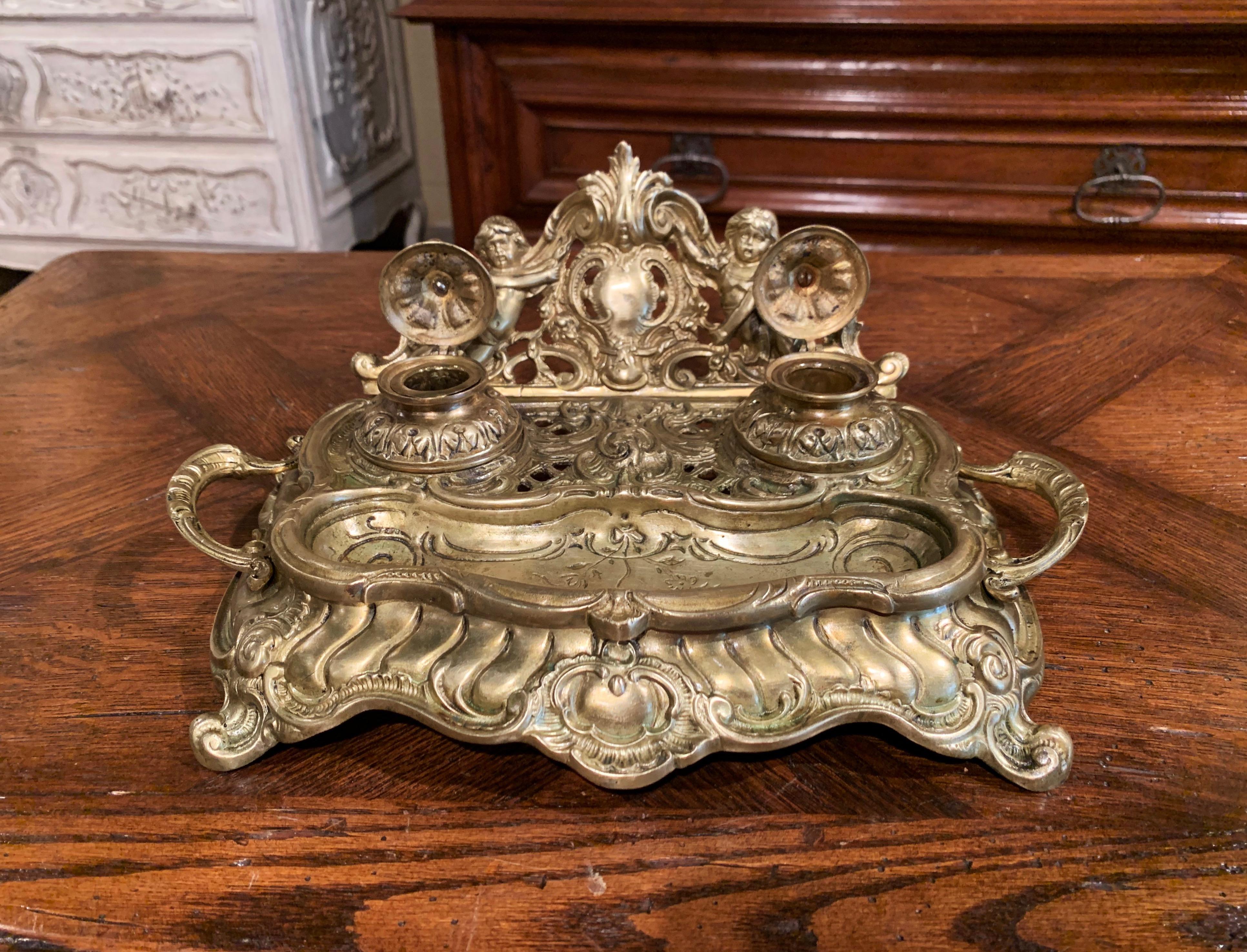 19th Century French Louis XV Rococo Bronze Doré Inkwell with Cherub Decor In Excellent Condition In Dallas, TX