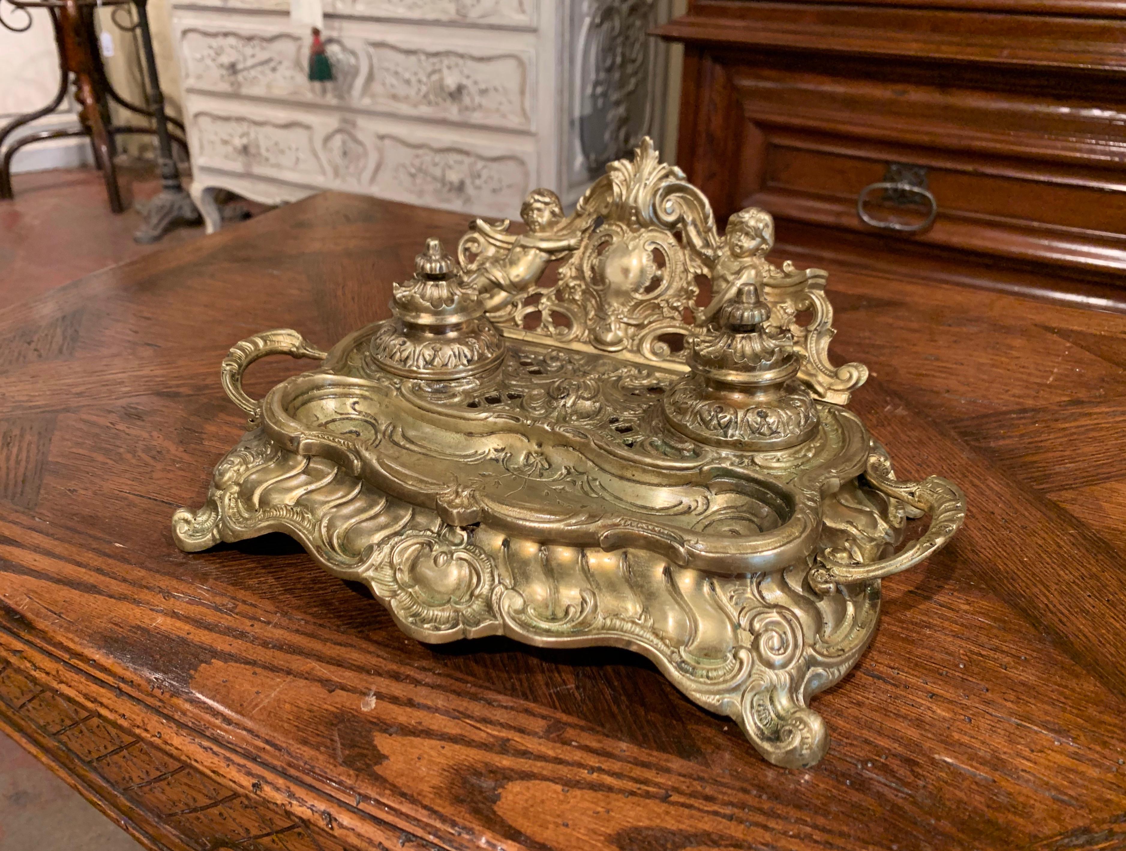 Brass 19th Century French Louis XV Rococo Bronze Doré Inkwell with Cherub Decor