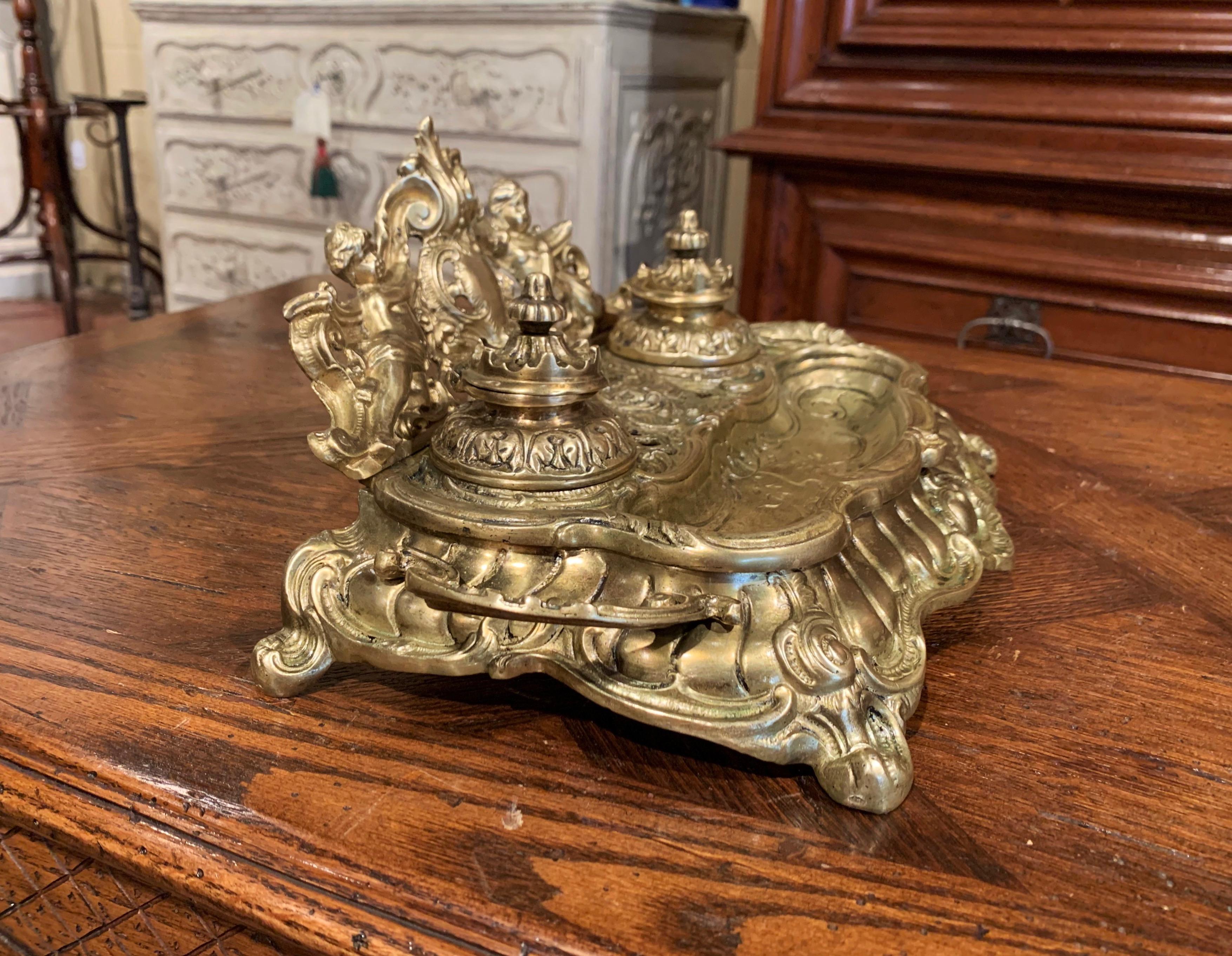 19th Century French Louis XV Rococo Bronze Doré Inkwell with Cherub Decor 2