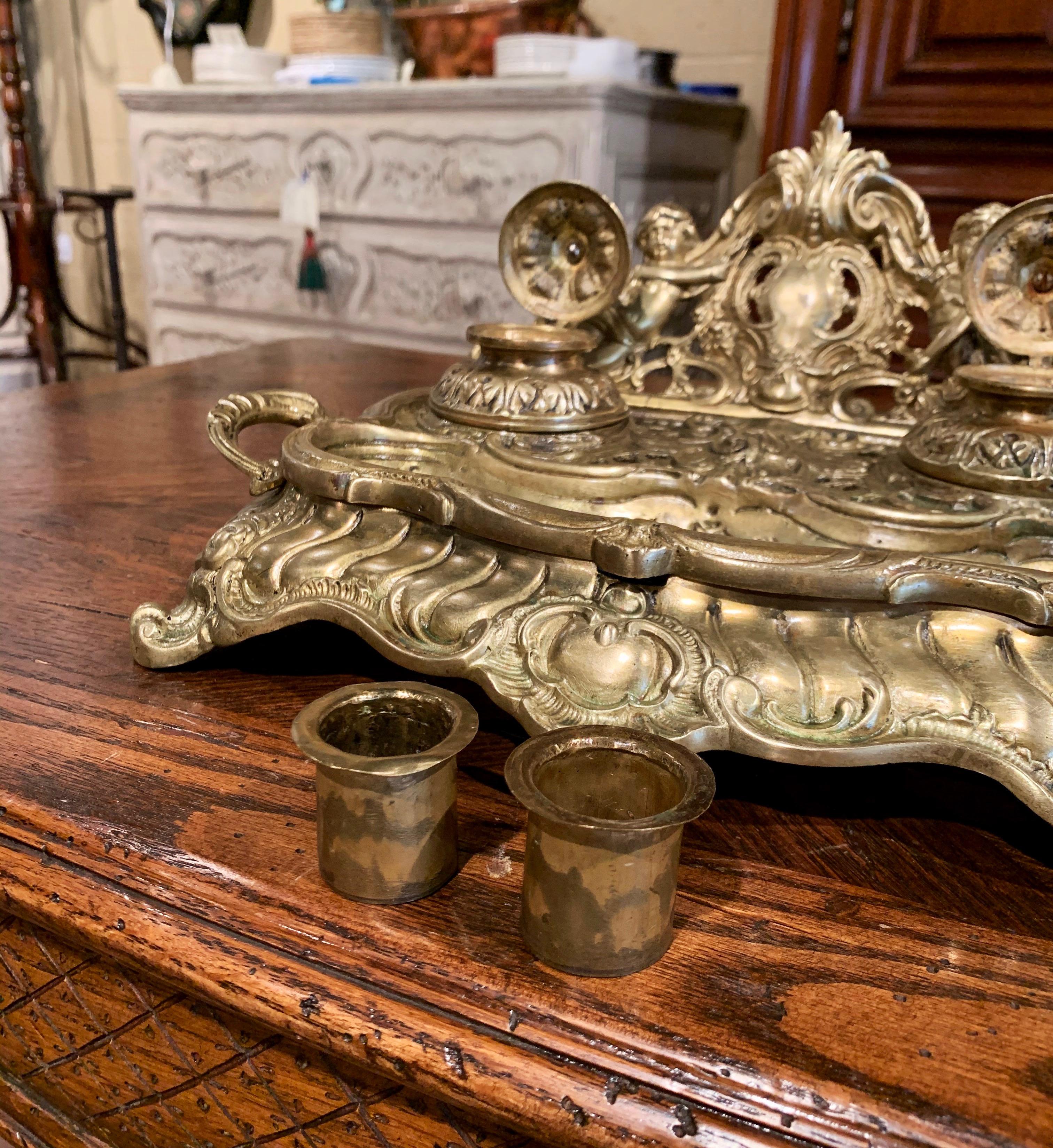 19th Century French Louis XV Rococo Bronze Doré Inkwell with Cherub Decor 3