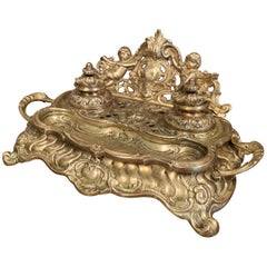 19th Century French Louis XV Rococo Bronze Doré Inkwell with Cherub Decor