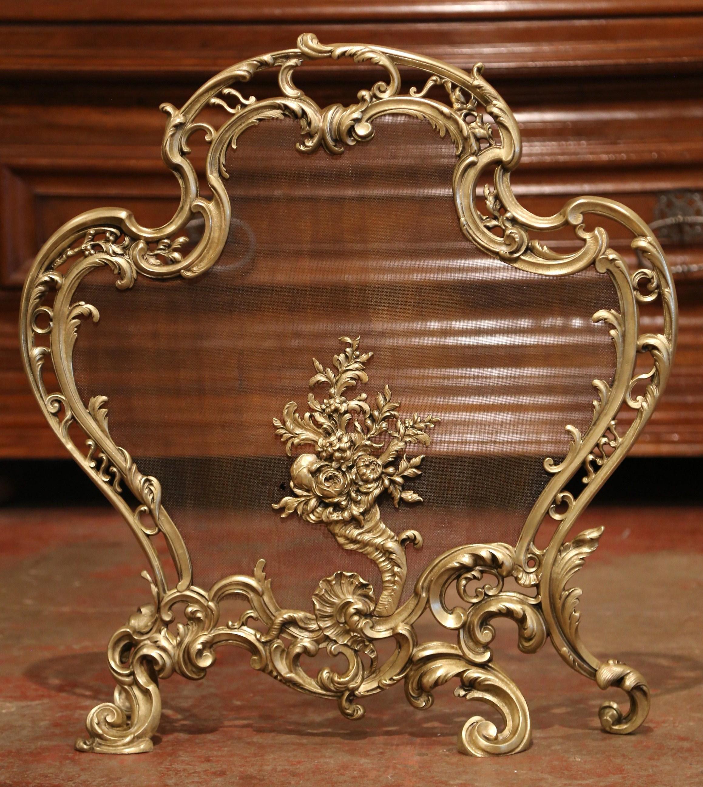 Hand-Crafted 19th Century French Louis XV Rococo Carved Patinated Bronze Fireplace Screen