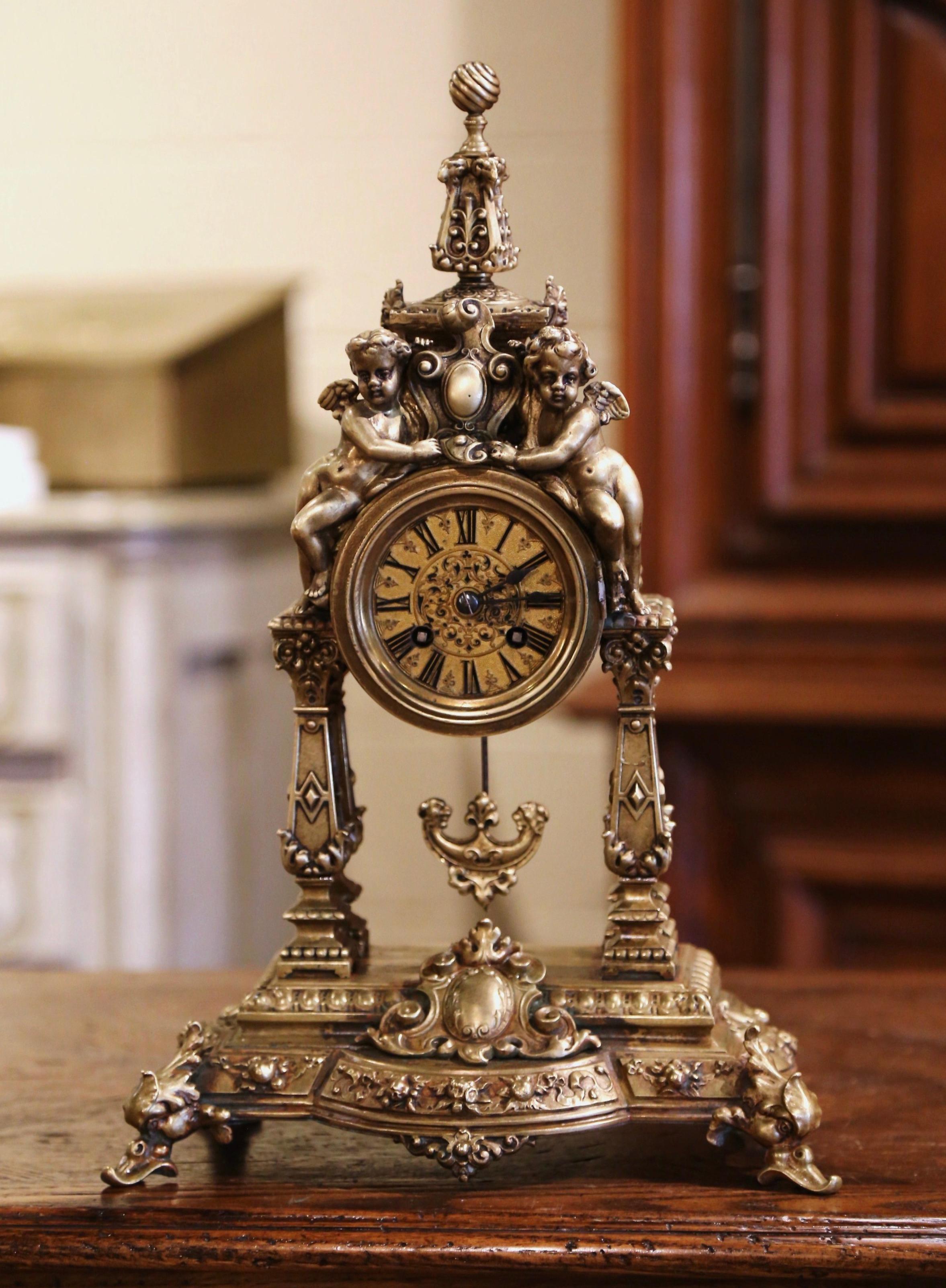 19th Century French Louis XV Rococo Gilt Bronze Mantel Clock with Cherubs In Excellent Condition In Dallas, TX