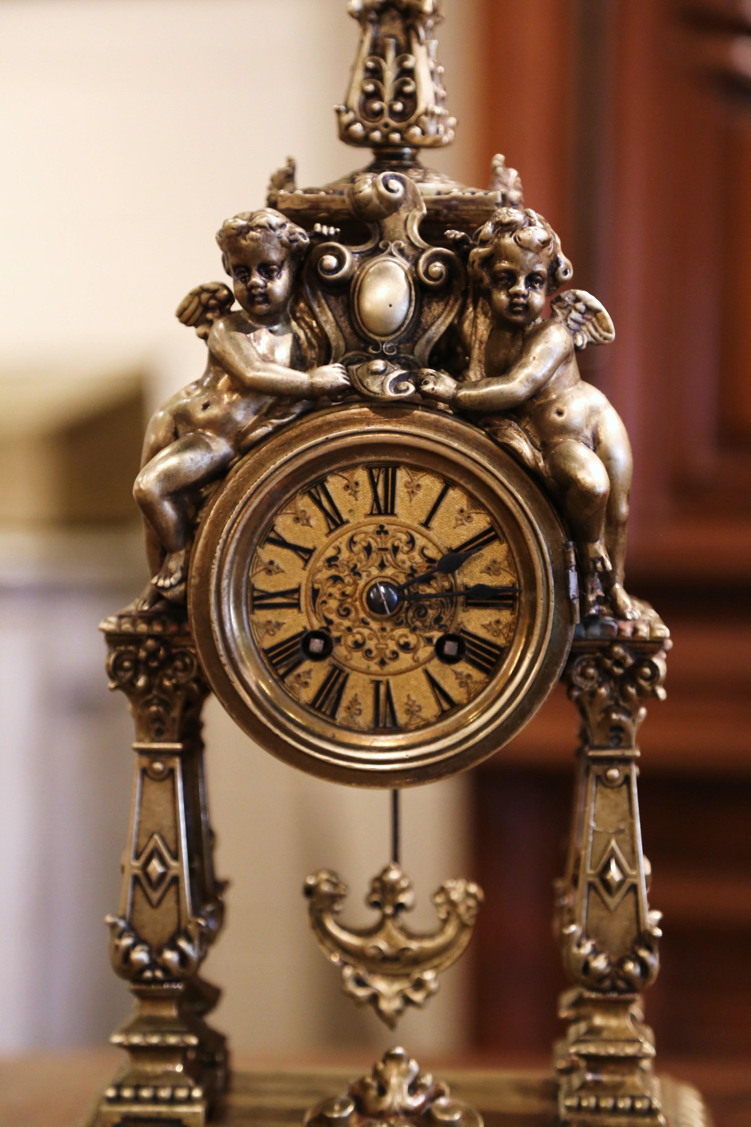 19th Century French Louis XV Rococo Gilt Bronze Mantel Clock with Cherubs 2