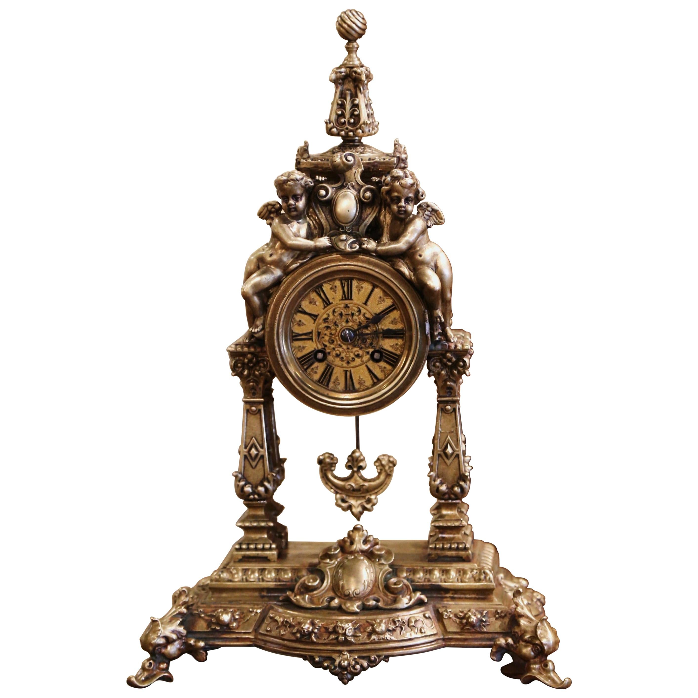 19th Century French Louis XV Rococo Gilt Bronze Mantel Clock with Cherubs