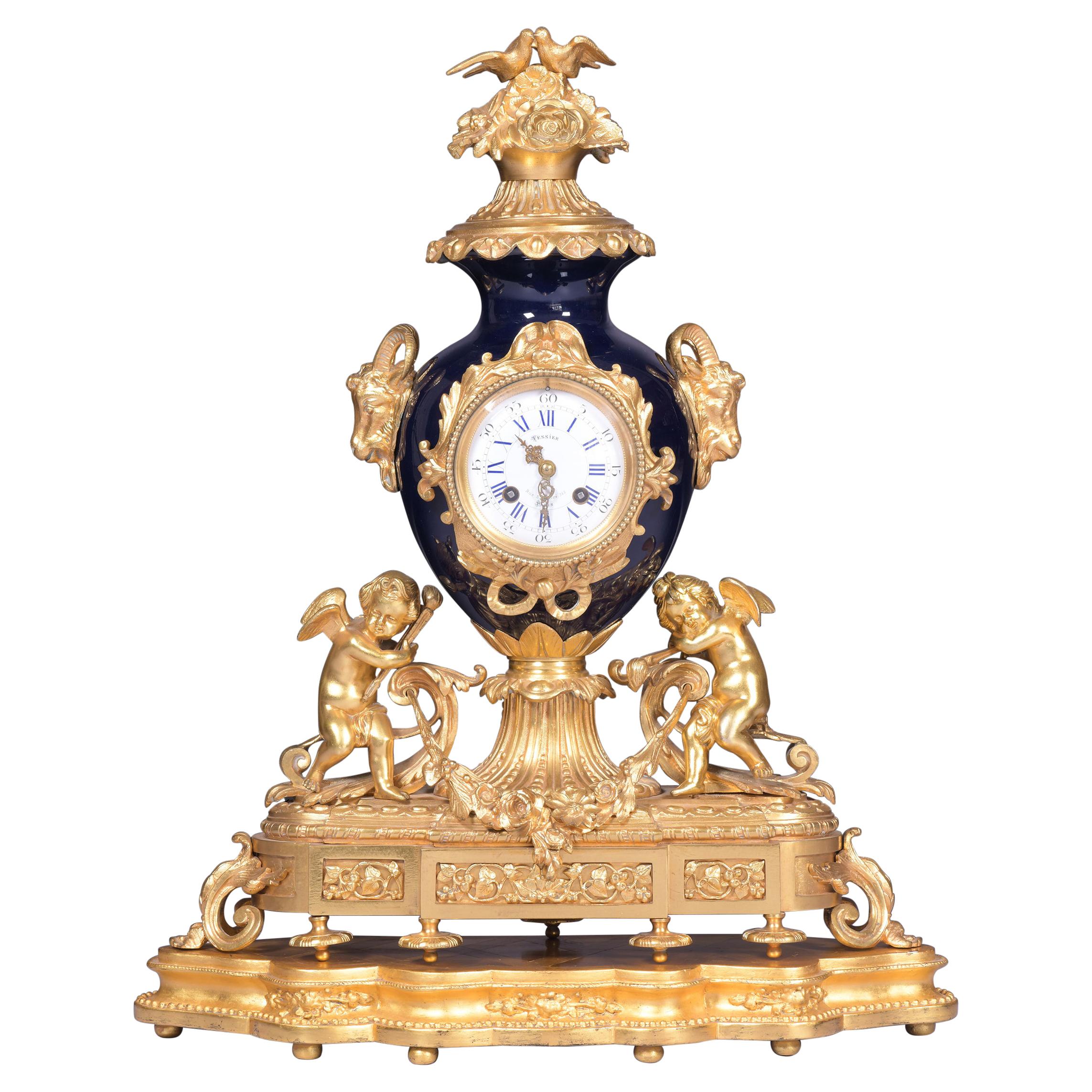 19th Century French Louis XV Rococo Style Ormolu & Porcelain Mantle Clock