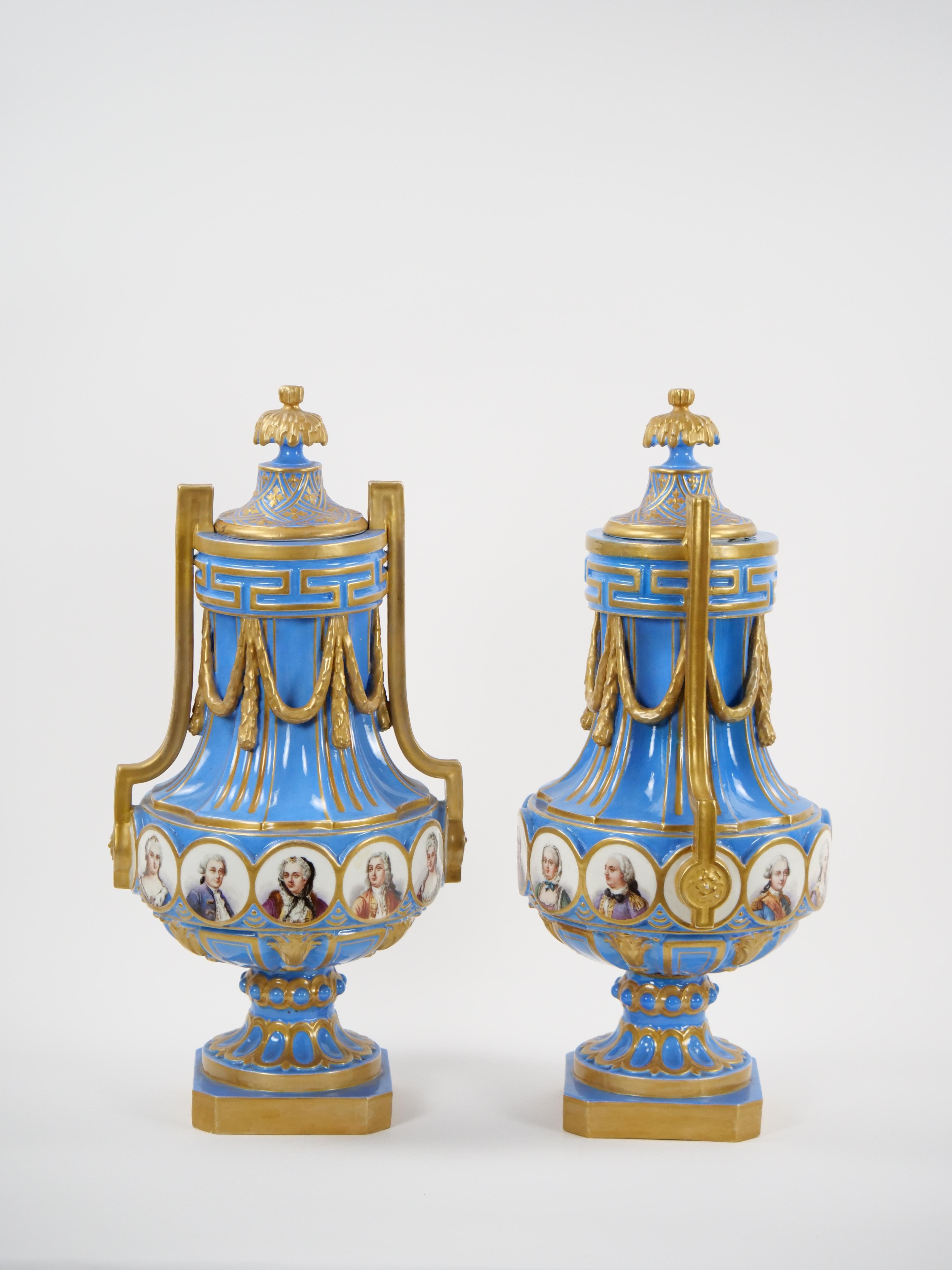 19th Century French Louis XV Sevres Style Bleu Celeste Vases with Covers  For Sale 6