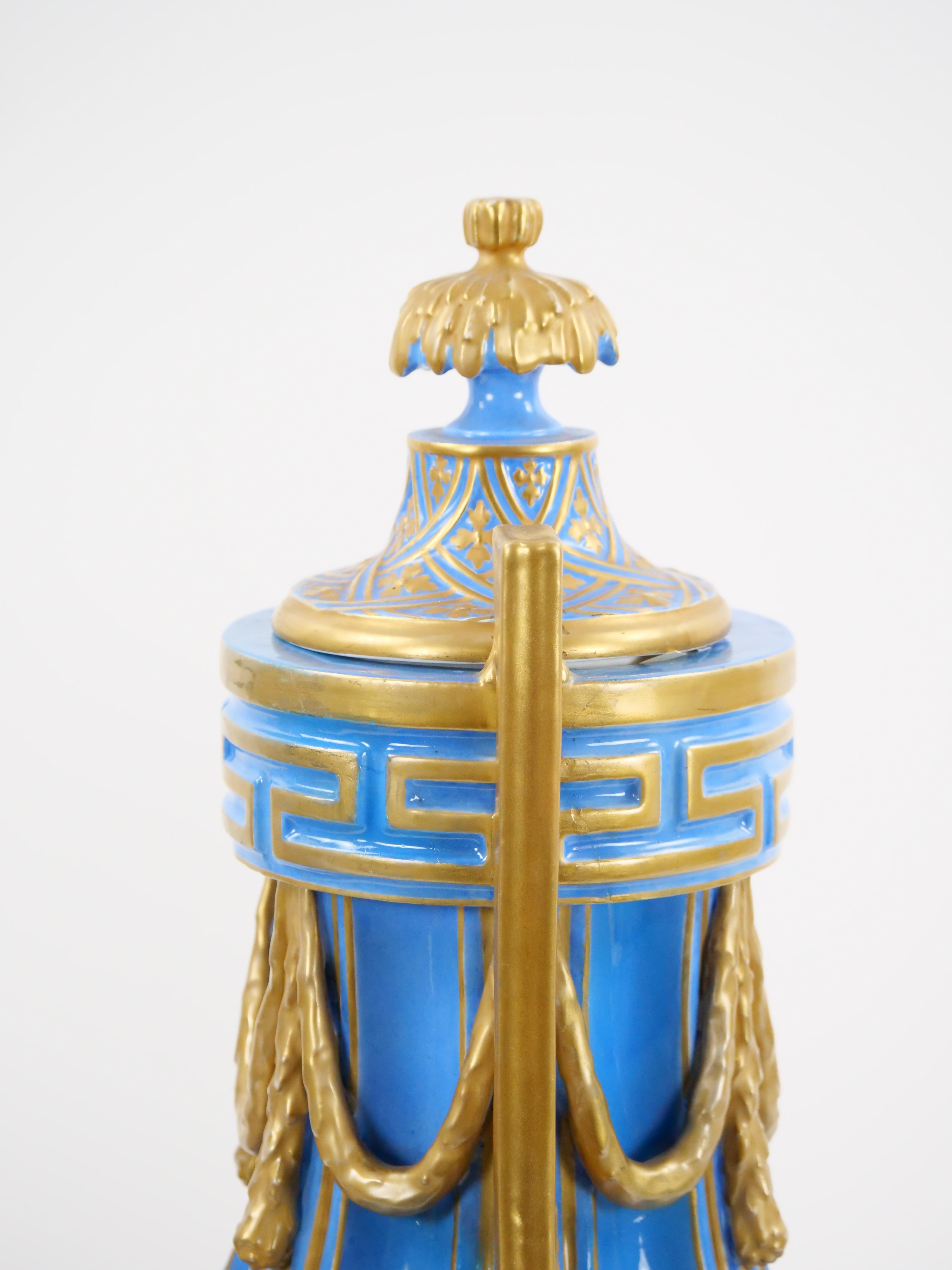 19th Century French Louis XV Sevres Style Bleu Celeste Vases with Covers  For Sale 8