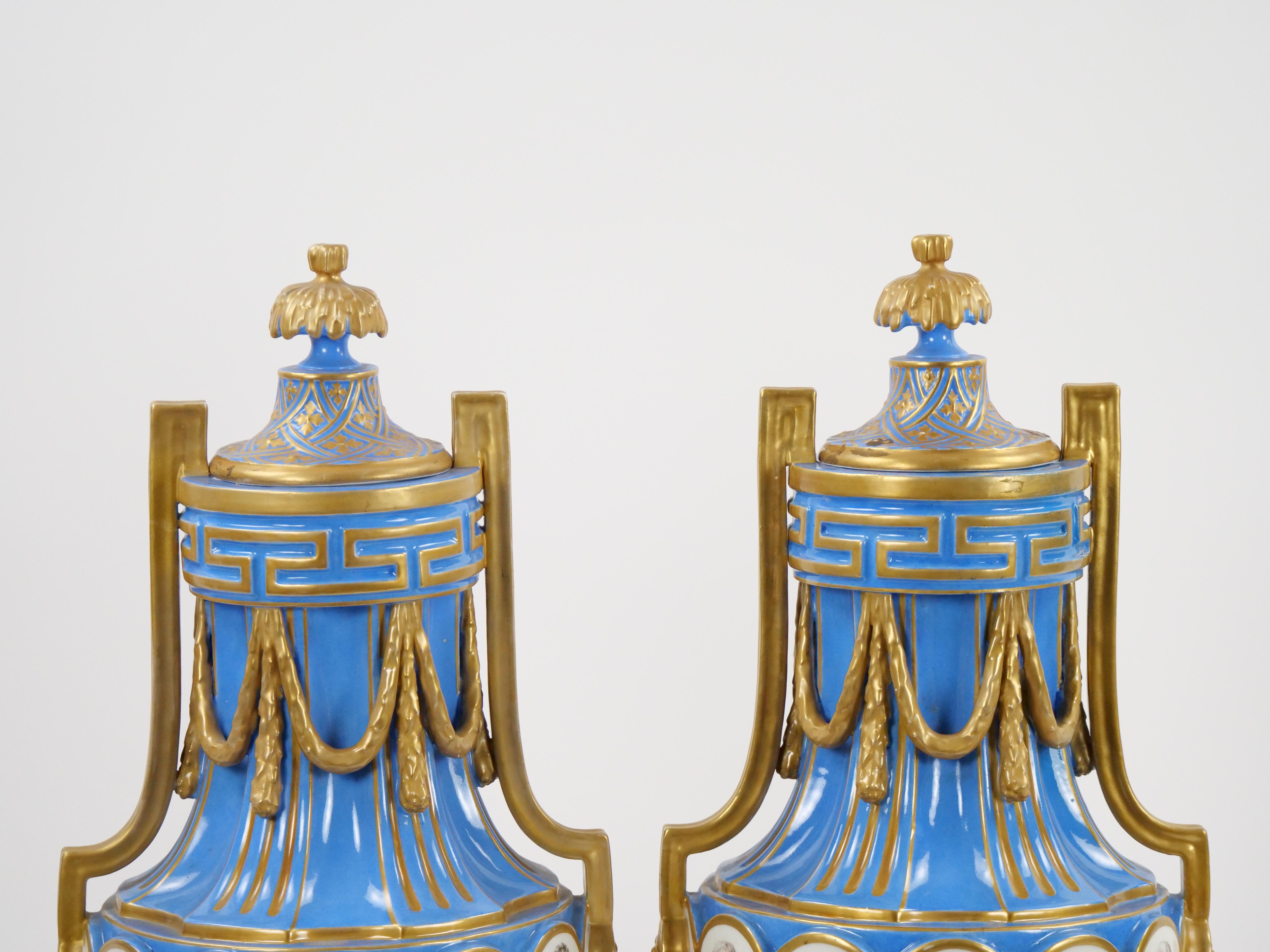 Gilt 19th Century French Louis XV Sevres Style Bleu Celeste Vases with Covers  For Sale