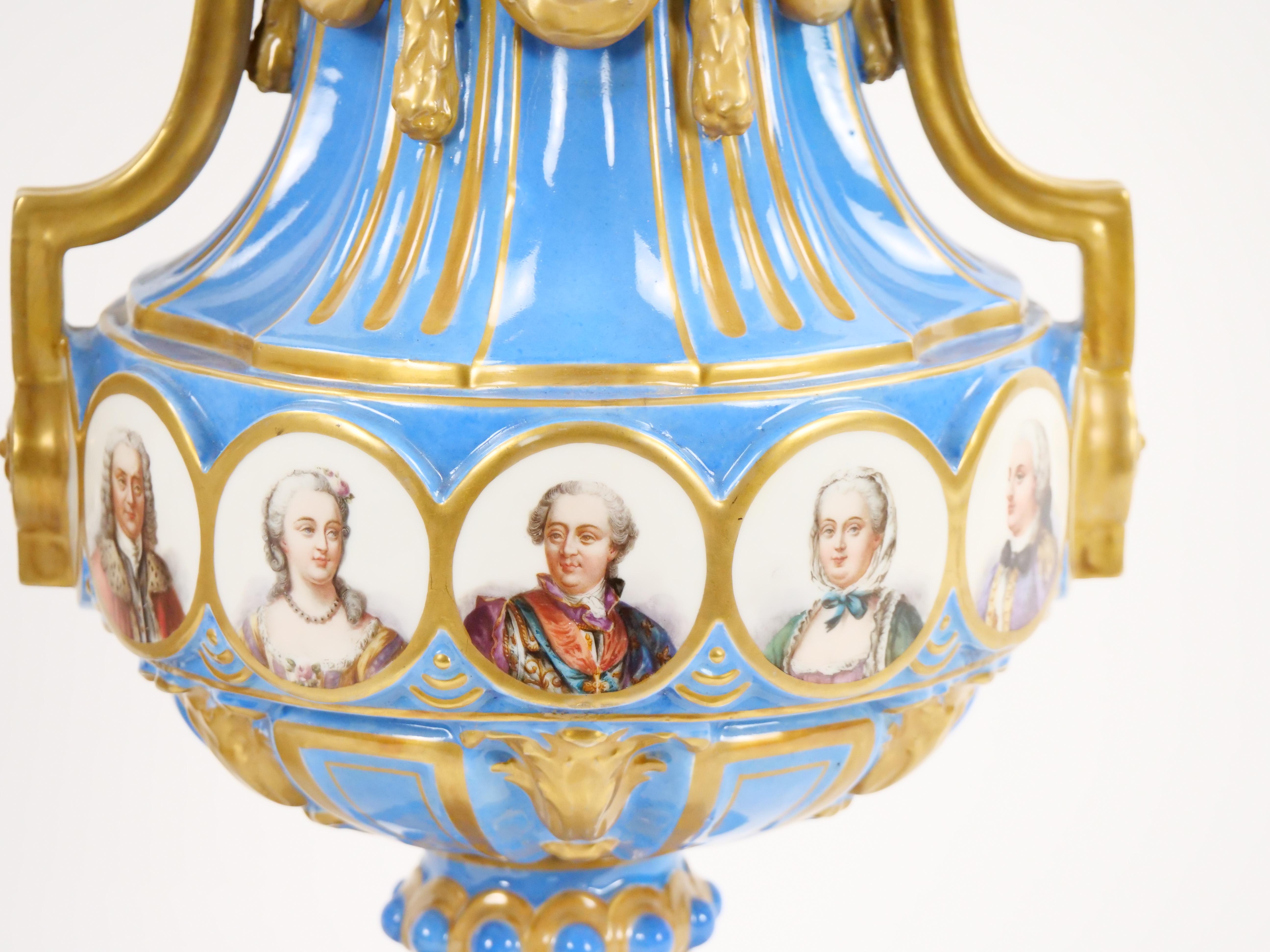 Gold 19th Century French Louis XV Sevres Style Bleu Celeste Vases with Covers  For Sale
