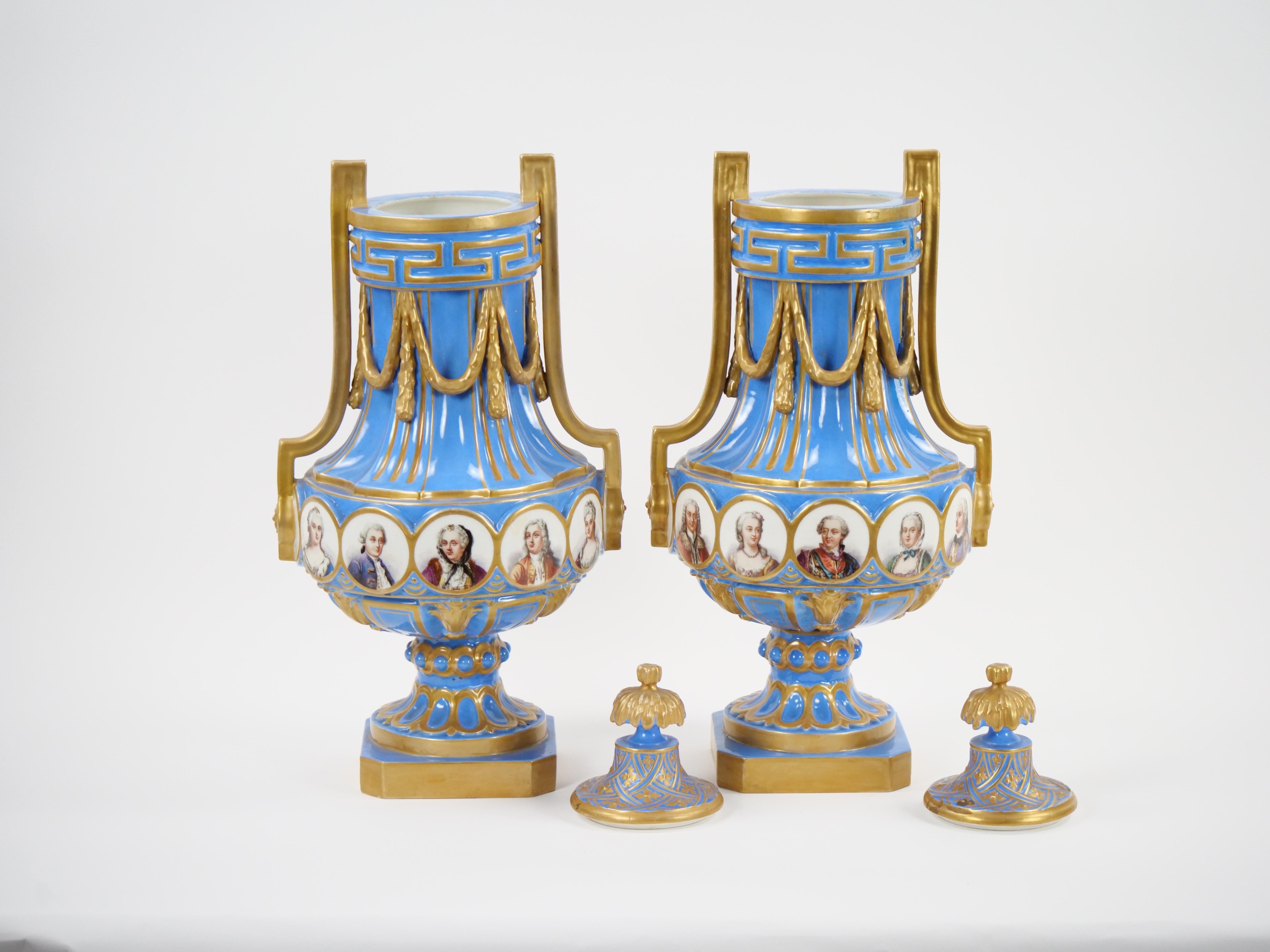 19th Century French Louis XV Sevres Style Bleu Celeste Vases with Covers  For Sale 4