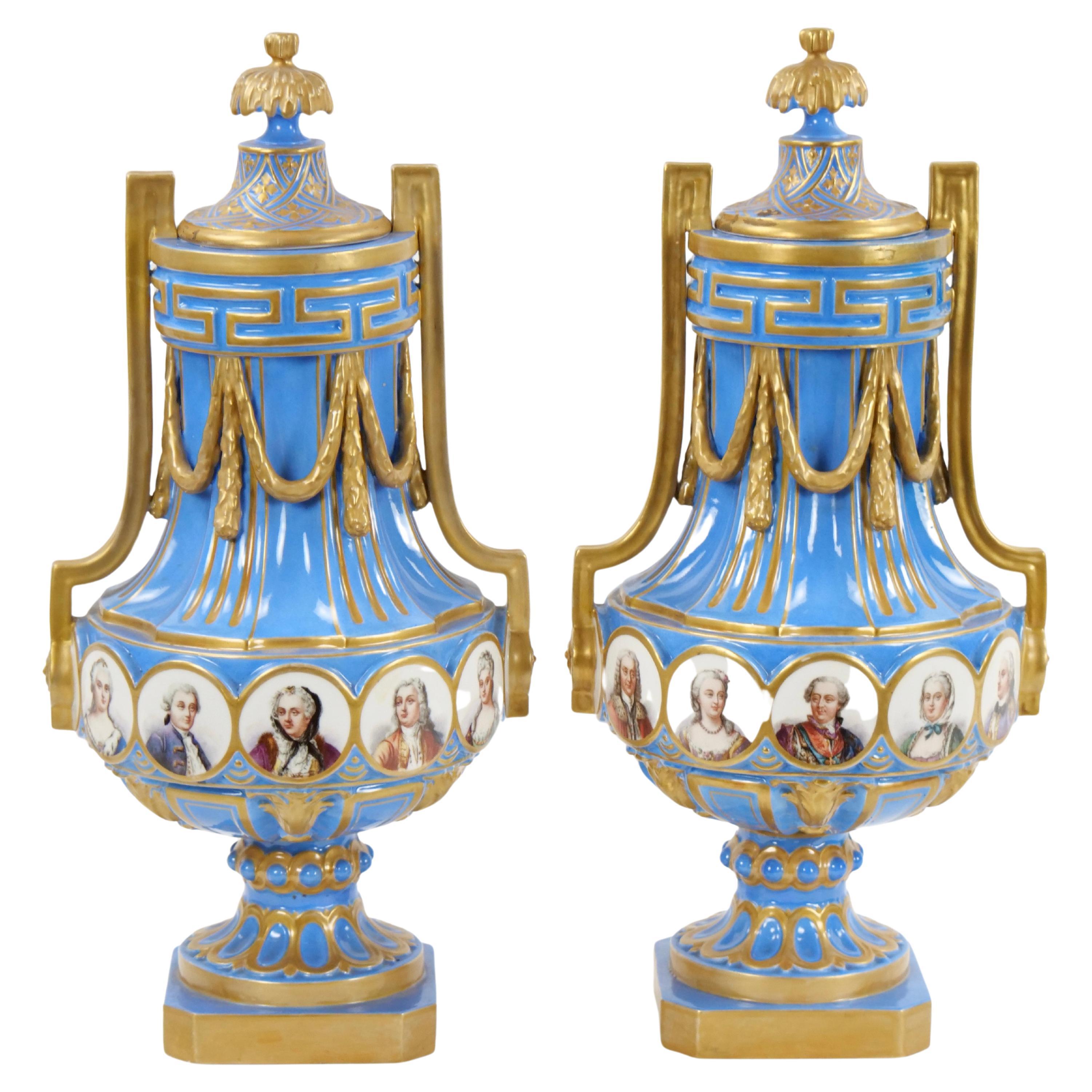 Französische Bleu Celeste-Vasen mit Deckeln im Louis-XV-Stil von Sevres, 19. Jahrhundert  im Angebot