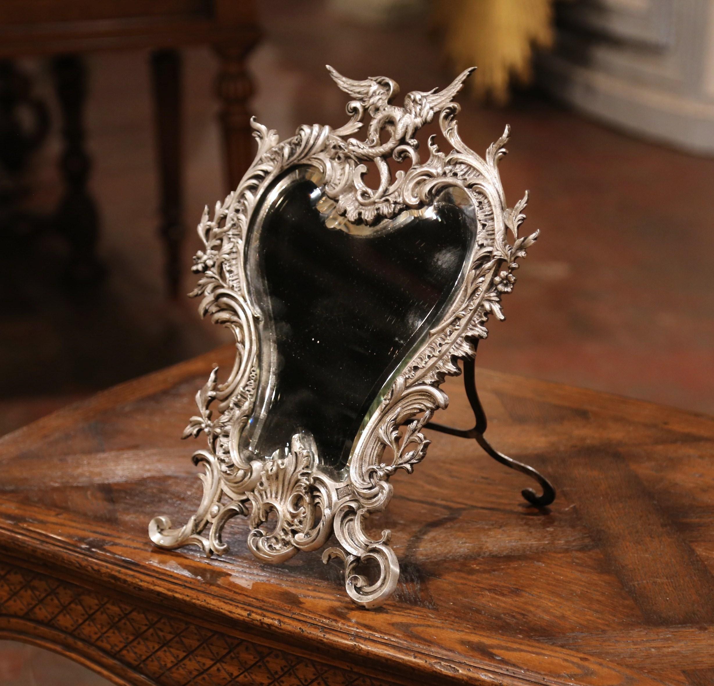 Beveled 19th Century French Louis XV Silvered Bronze Free Standing Vanity Table Mirror