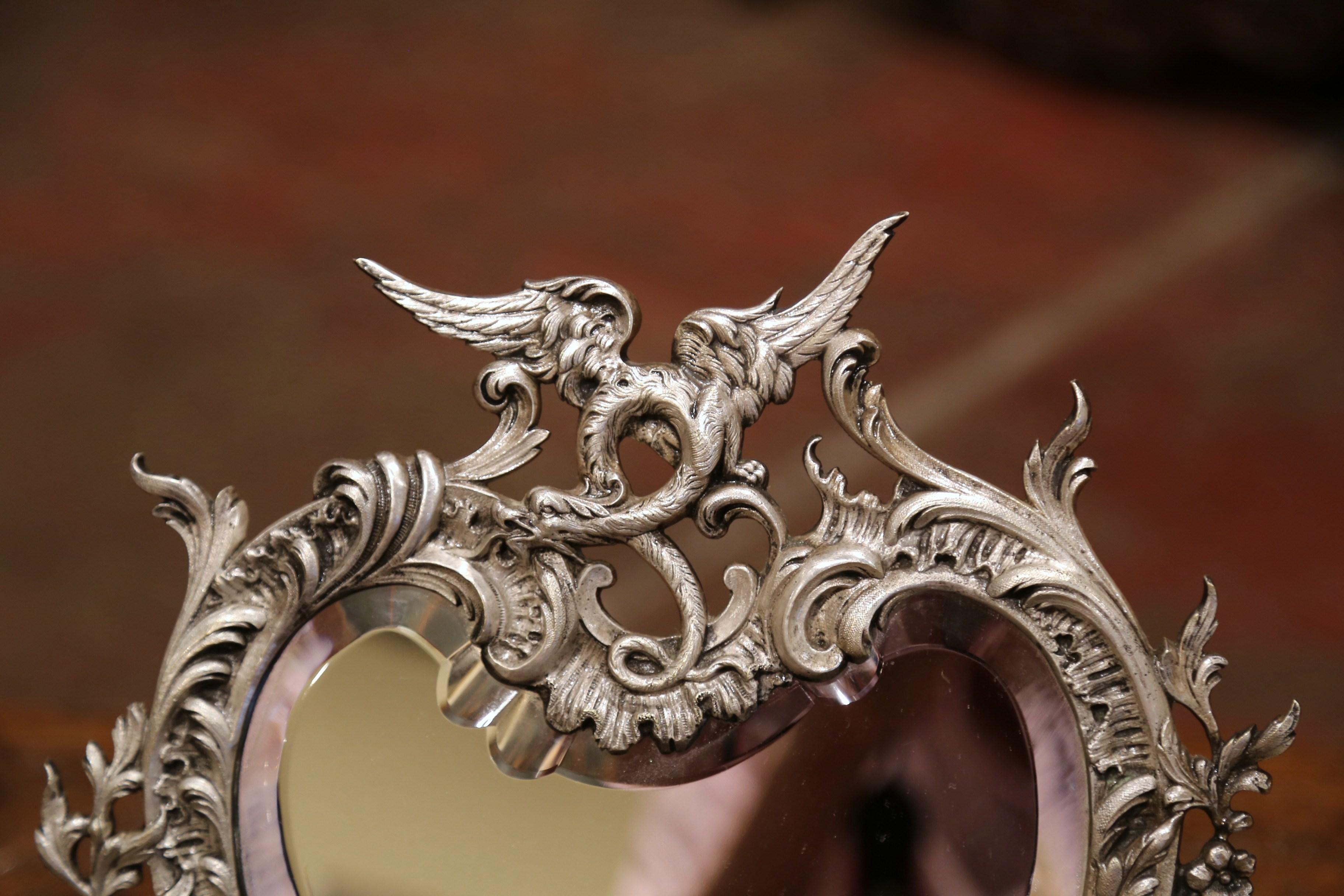 19th Century French Louis XV Silvered Bronze Free Standing Vanity Table Mirror In Excellent Condition In Dallas, TX