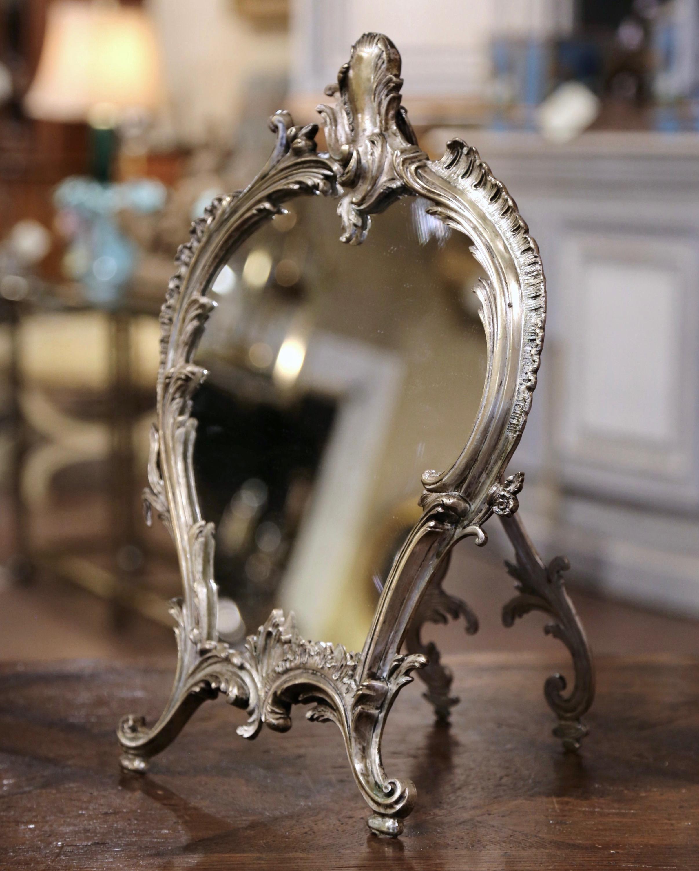 19th Century French Louis XV Silvered Bronze Free Standing Vanity Table Mirror In Excellent Condition In Dallas, TX
