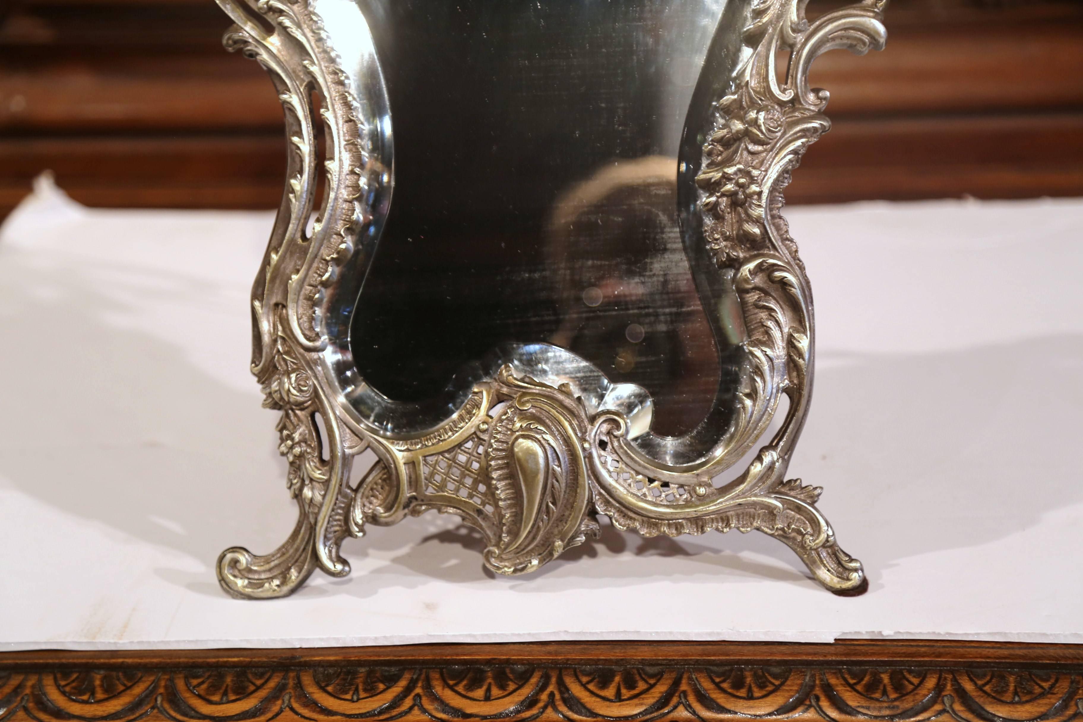 Silver Plate 19th Century French Louis XV Silvered Bronze Free Standing Vanity Table Mirror For Sale