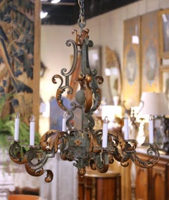 19th Century French Louis XV Six-Light Iron Chandelier with Verdigris and Gilt