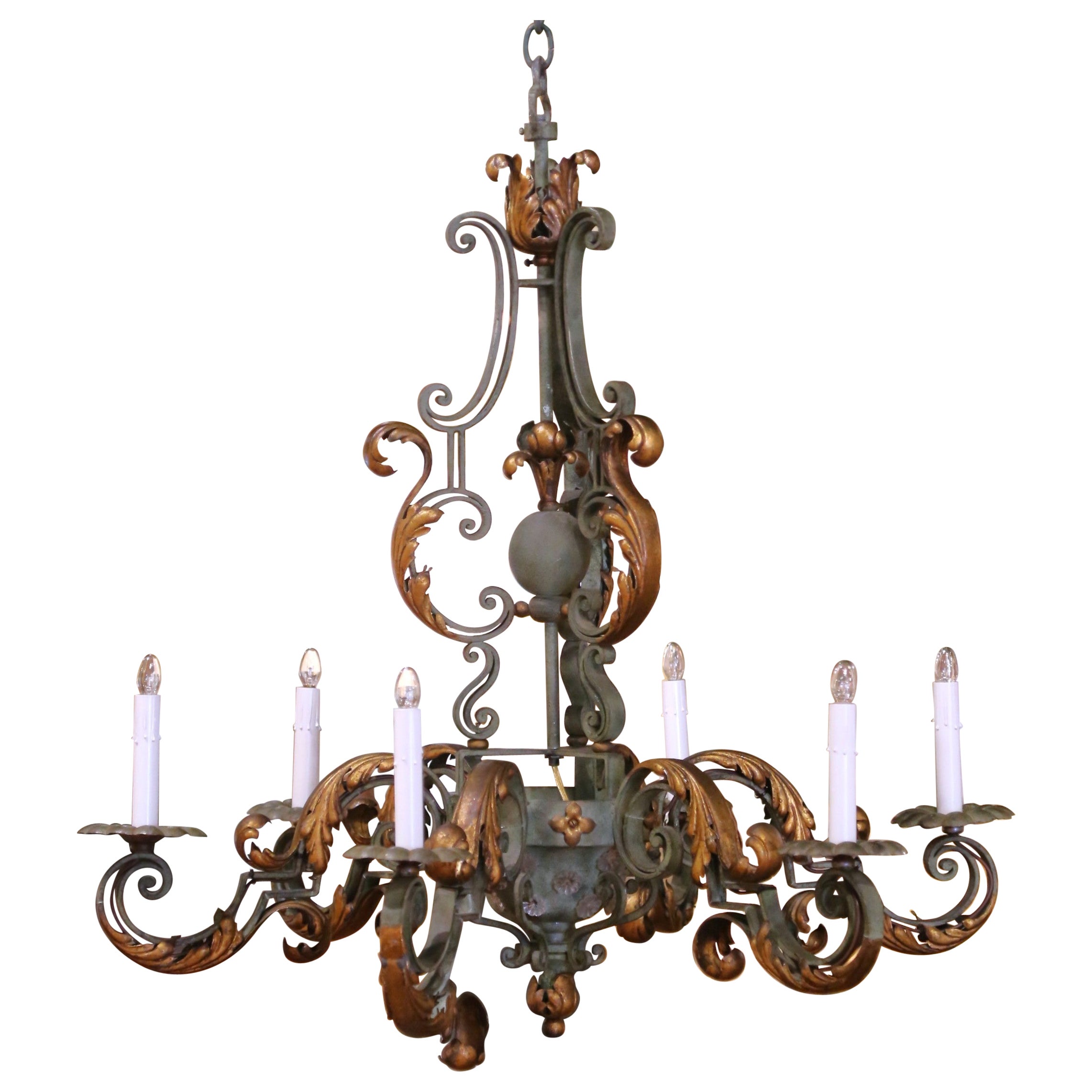 19th Century French Louis XV Six-Light Iron Chandelier with Verdigris and Gilt