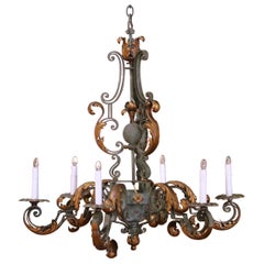 19th Century French Louis XV Six-Light Iron Chandelier with Verdigris and Gilt