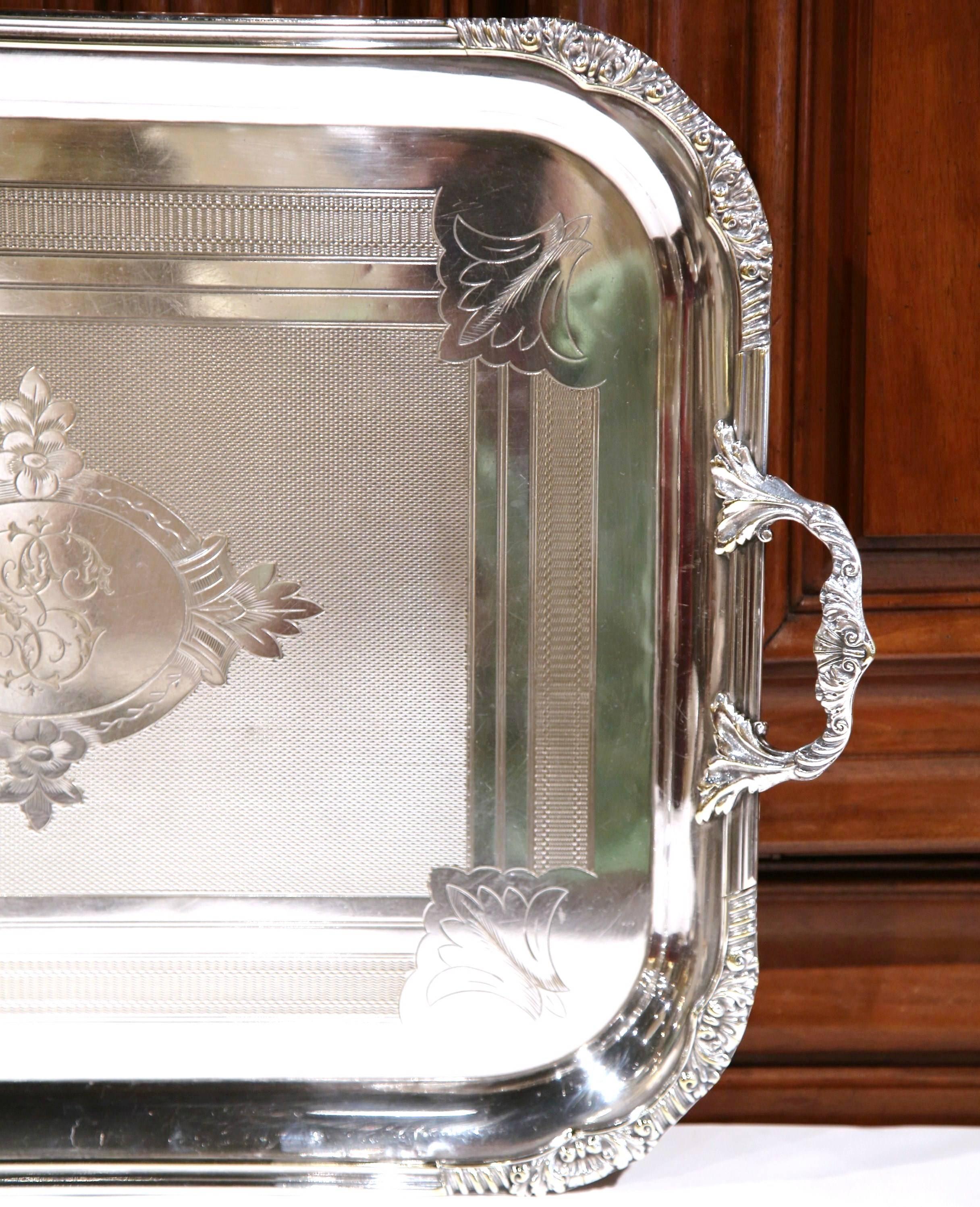 19th Century French Louis XV Stamped Silver Plated Tray with Repousse Decor In Excellent Condition In Dallas, TX