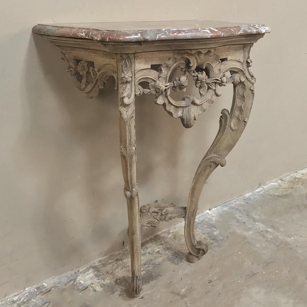 Hand-Carved 19th Century French Louis XV Stripped Marble Top Console