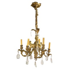 Antique 19th Century French Louis XV Style Bronze and Crystal 6-Light Chandelier