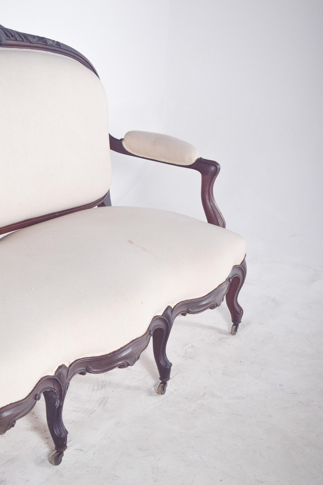 Canape francés del siglo XIX estilo Luis XV en madera de palisandro Tela en venta