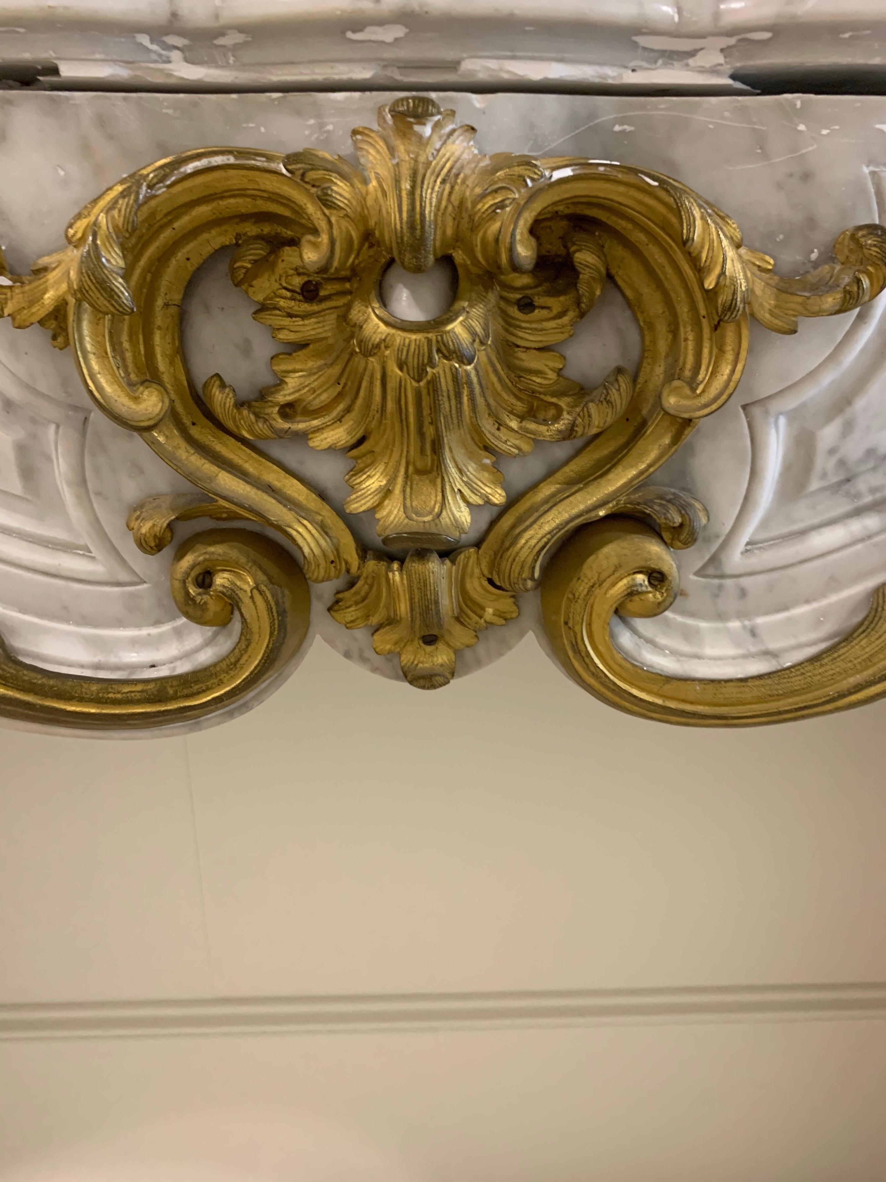 19th Century French Louis XV Style Carrara Marble and Gilt Bronze Mantel 2