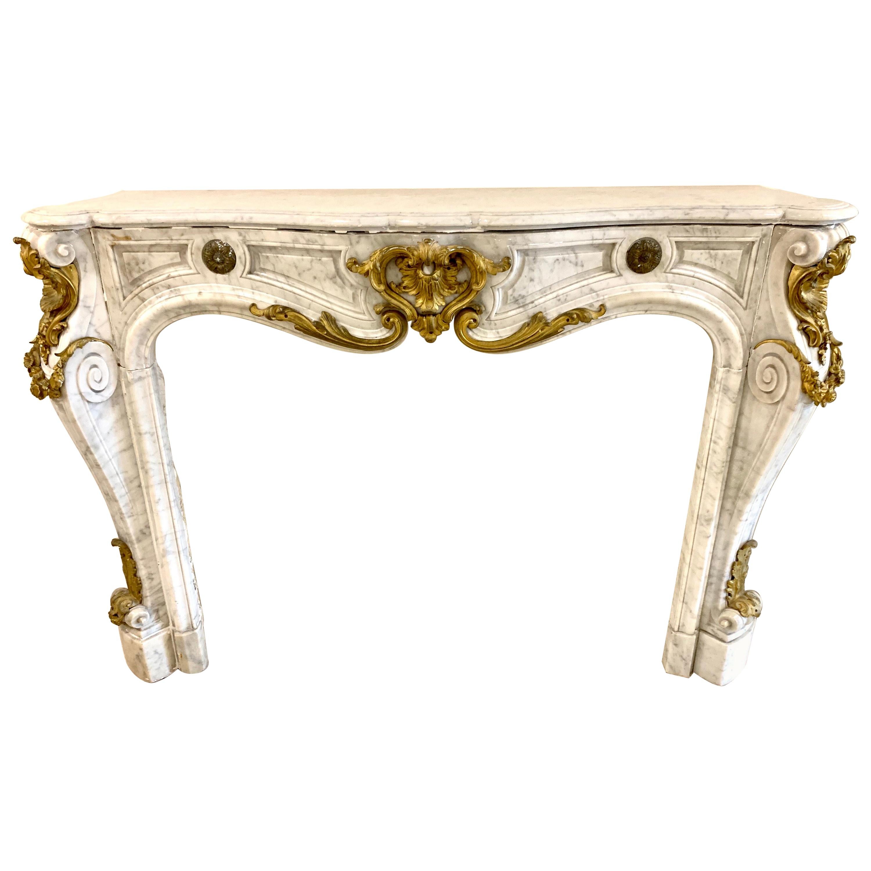 19th Century French Louis XV Style Carrara Marble and Gilt Bronze Mantel