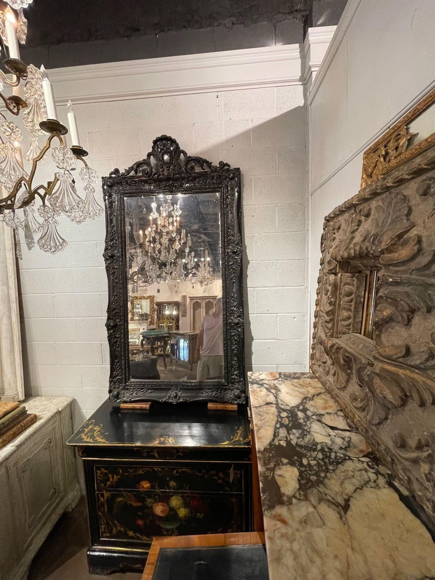19th Century French Louis XV Style Carved and Black Lacquered Mirror For Sale 4