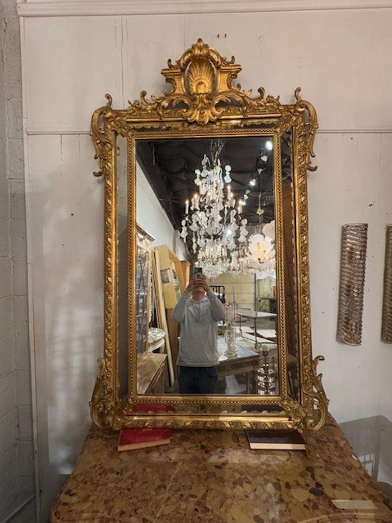 Vivi l'eleganza del XIX secolo con questo squisito specchio a cuscino in stile Luigi XV. Realizzato con una meticolosa attenzione ai dettagli, lo specchio vanta splendidi intagli e una splendida finitura in legno dorato che emana un'aura calda e