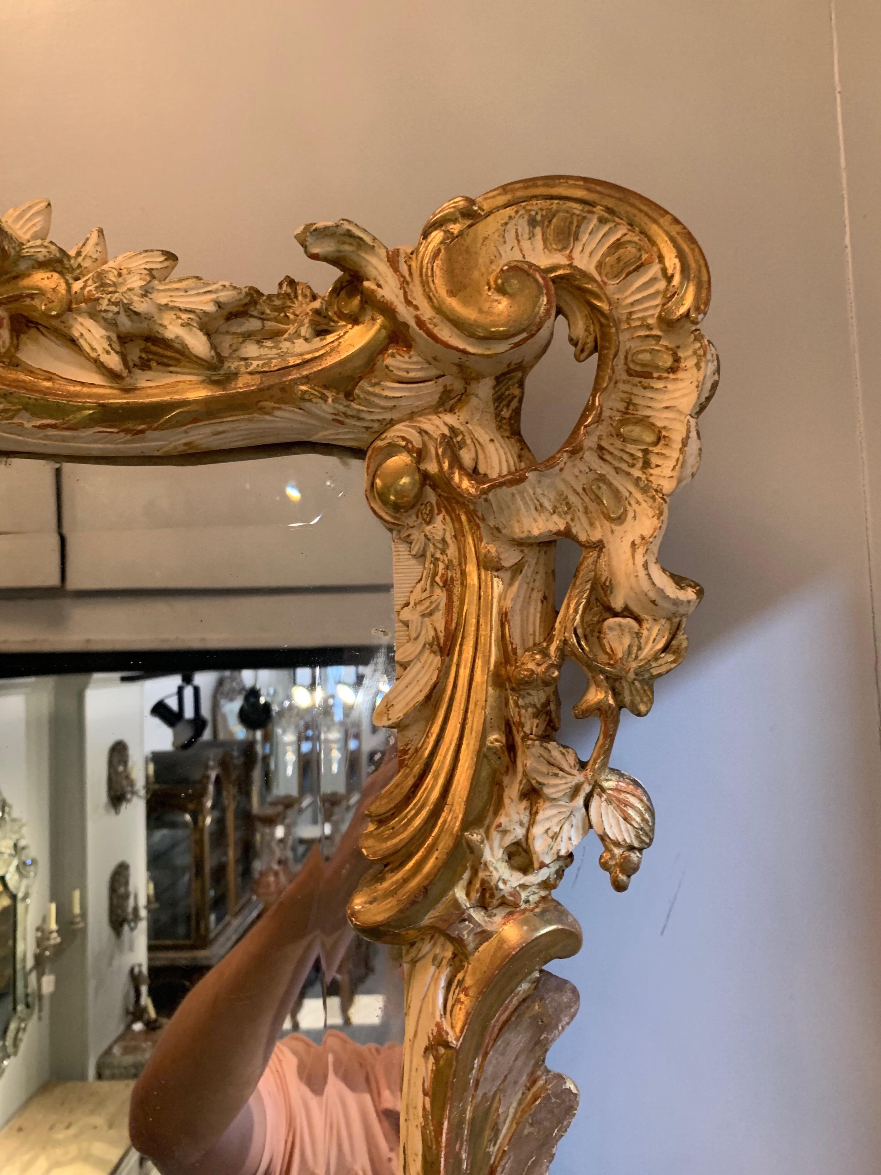 19th Century French Louis XV Style Carved and Parcel Gilt Mirror In Good Condition In Dallas, TX