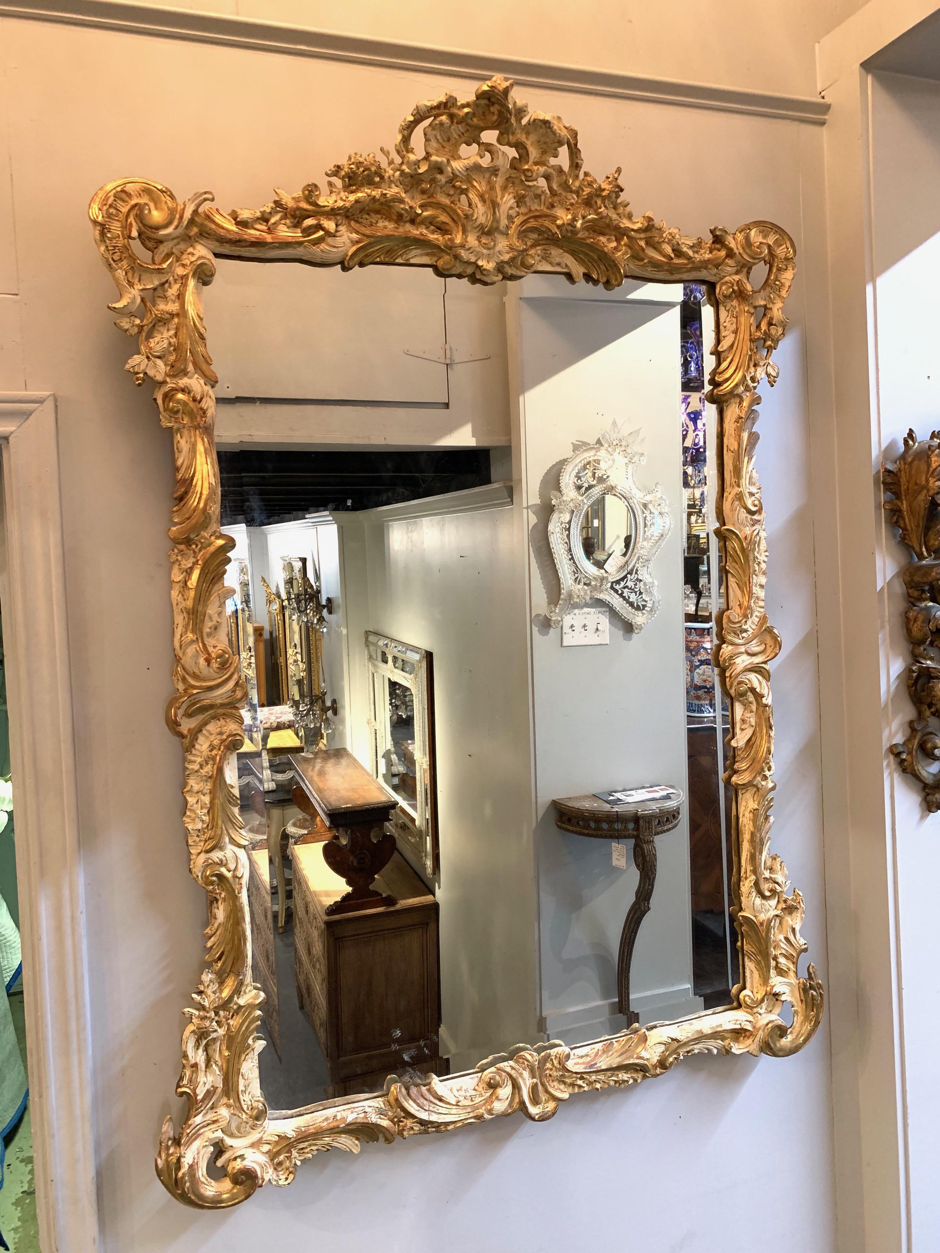 19th Century French Louis XV Style Carved and Parcel Gilt Mirror 2