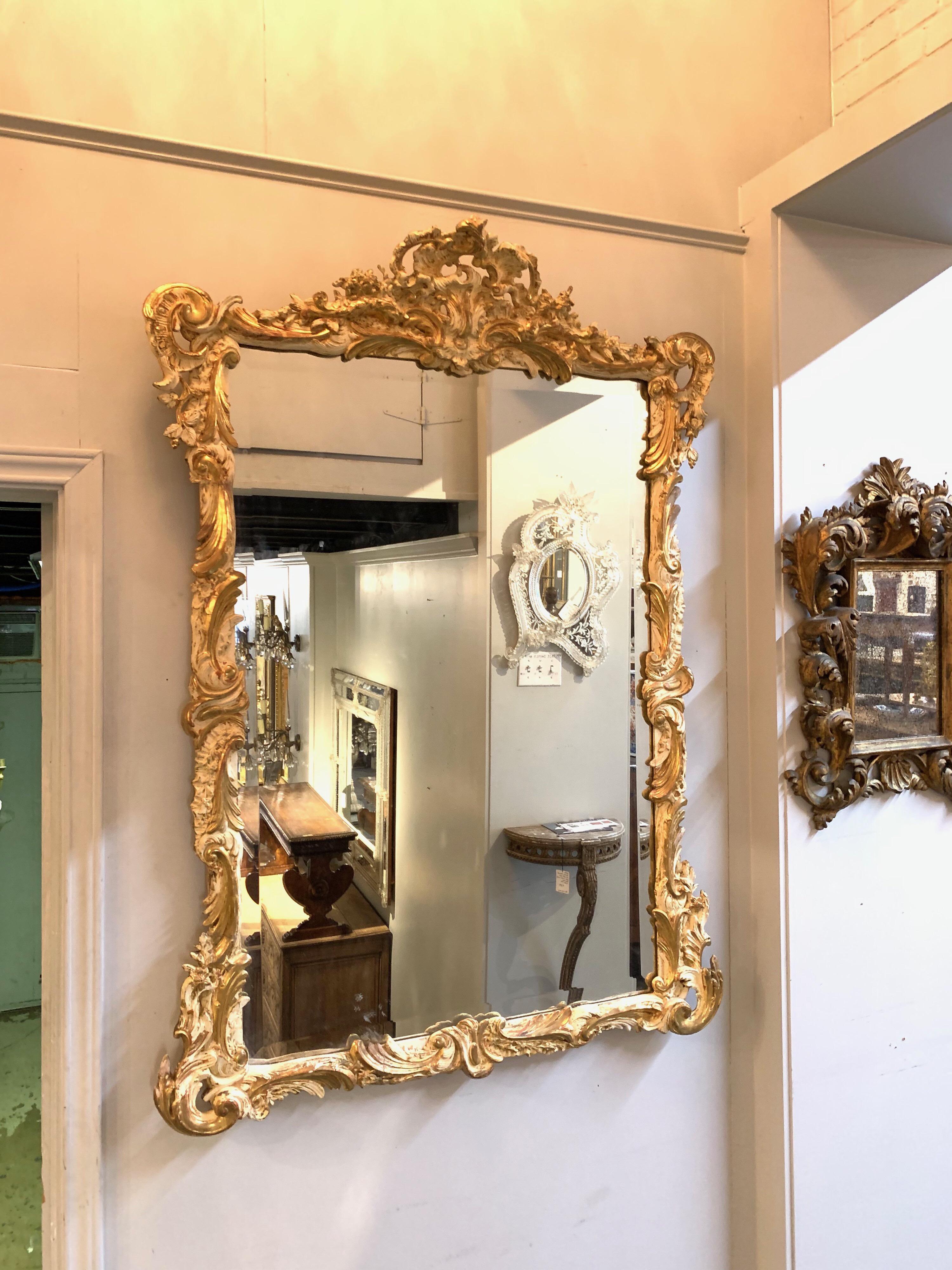 19th Century French Louis XV Style Carved and Parcel Gilt Mirror 3