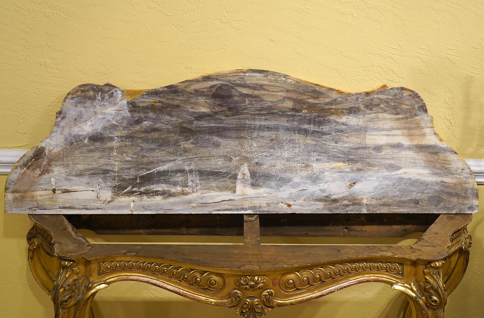 19th Century French Louis XV Style Carved Giltwood Marble-Top Console Table 7