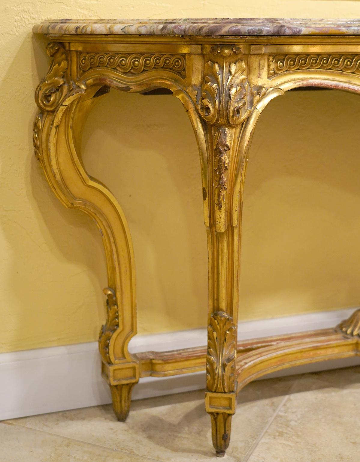 19th Century French Louis XV Style Carved Giltwood Marble-Top Console Table In Good Condition In Ft. Lauderdale, FL