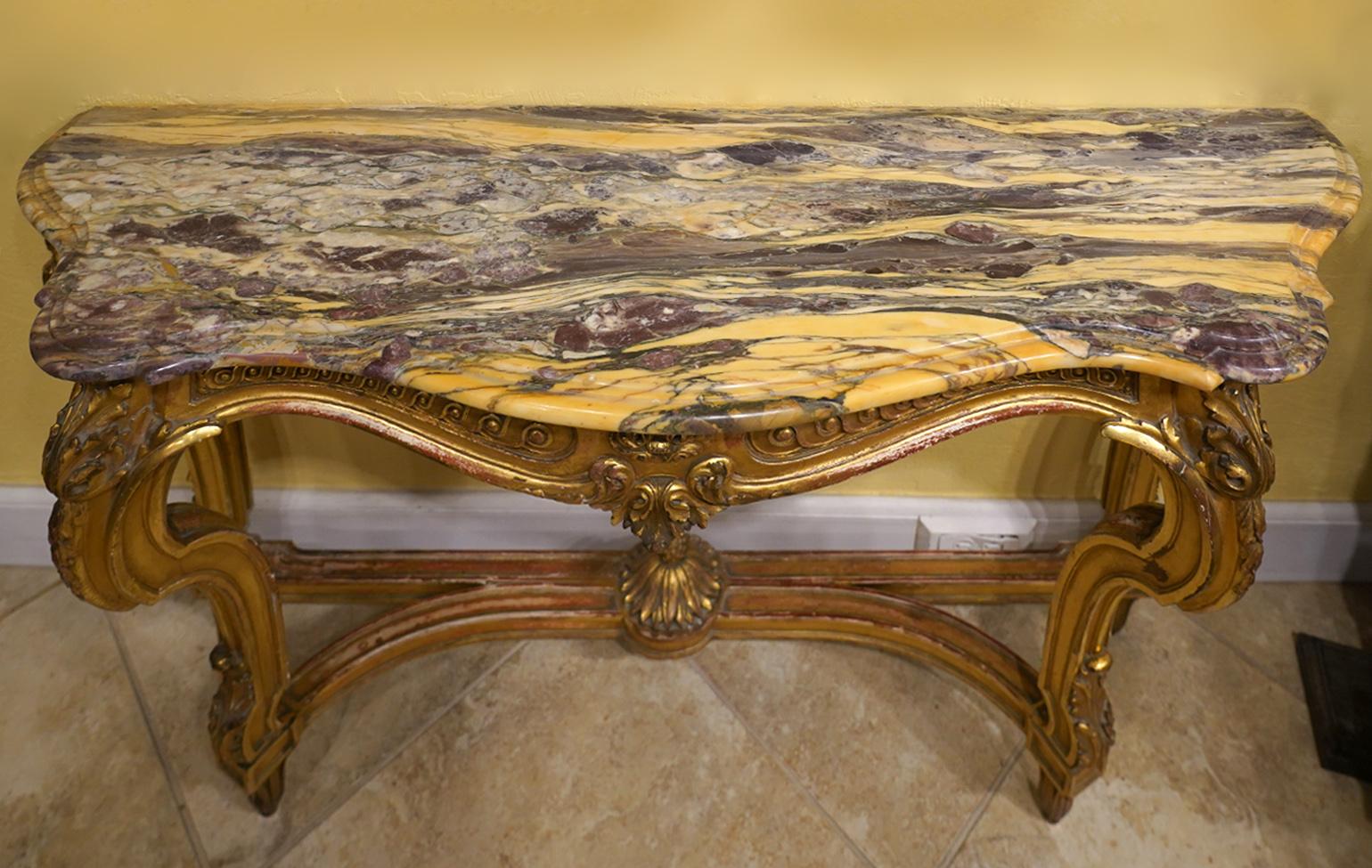 19th Century French Louis XV Style Carved Giltwood Marble-Top Console Table 2