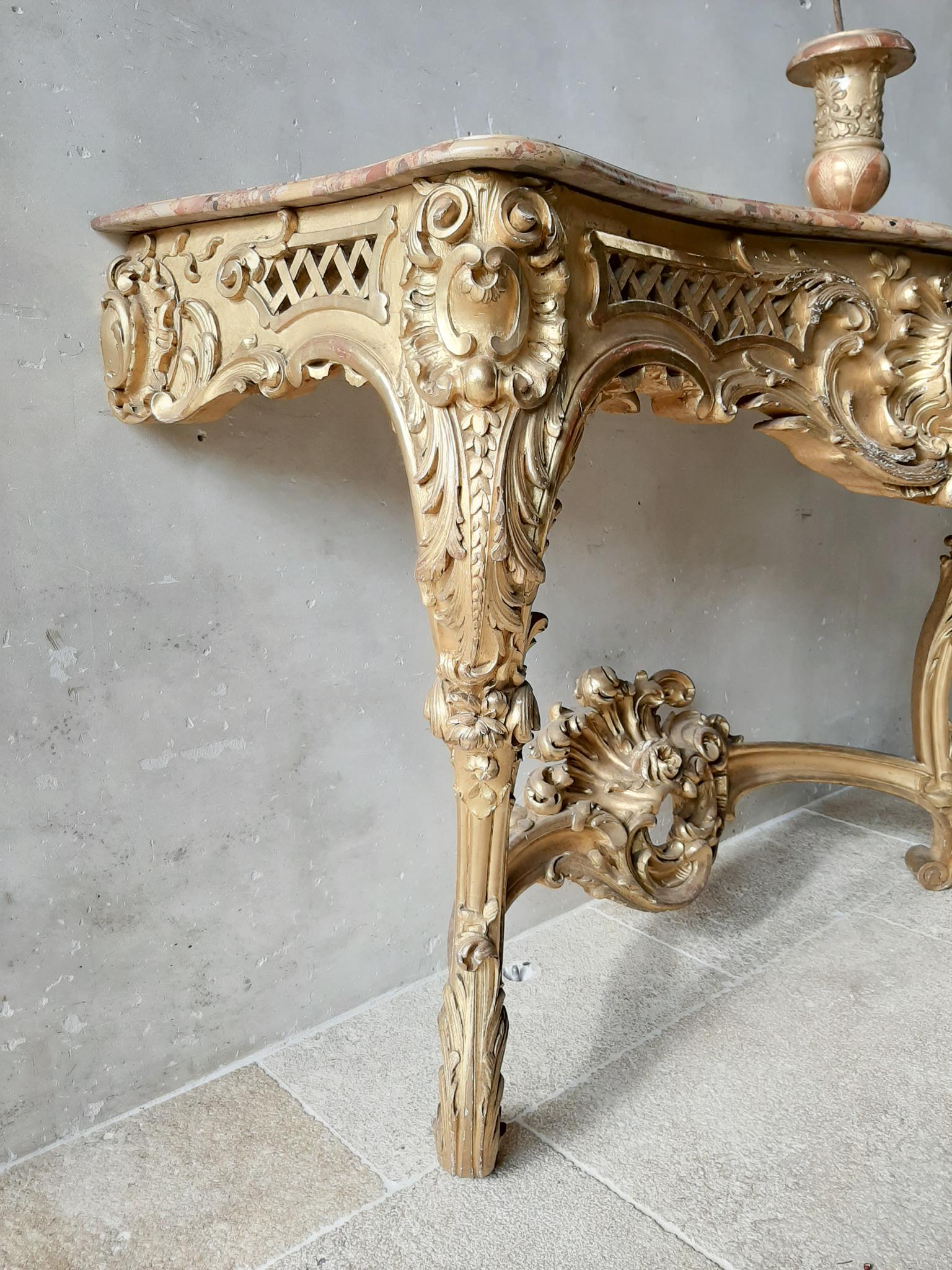 19th Century French Louis XV Style Carved Giltwood Console Table with Marble Top 6